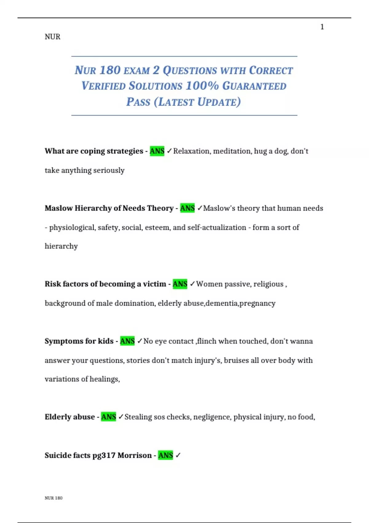 NUR 180 EXAM 2 QUESTIONS WITH CORRECT VERIFIED SOLUTIONS 100% ...