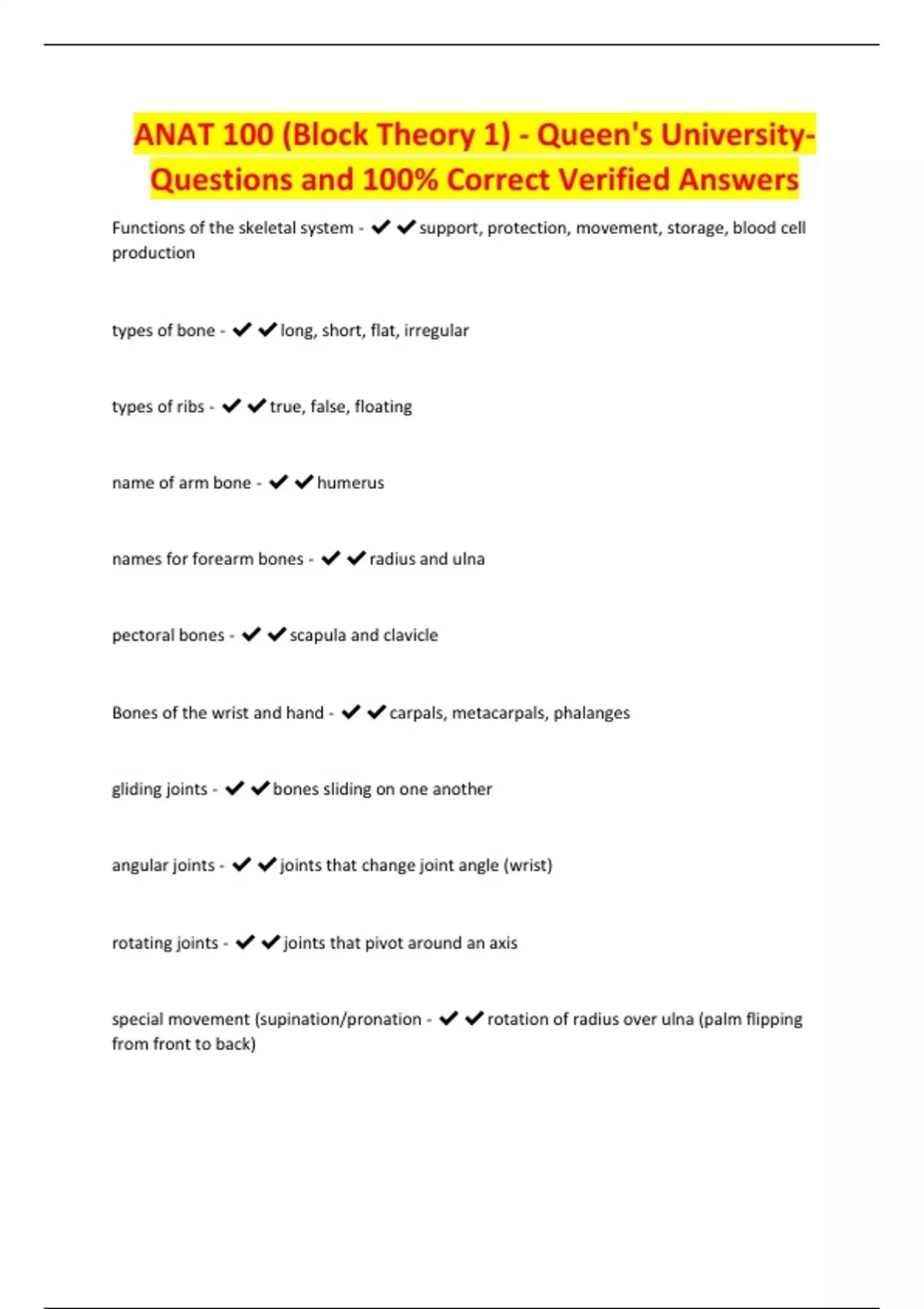 Anat Math ANAT 100 (Block Theory 1) - Queen's University- Questions and 100% ...