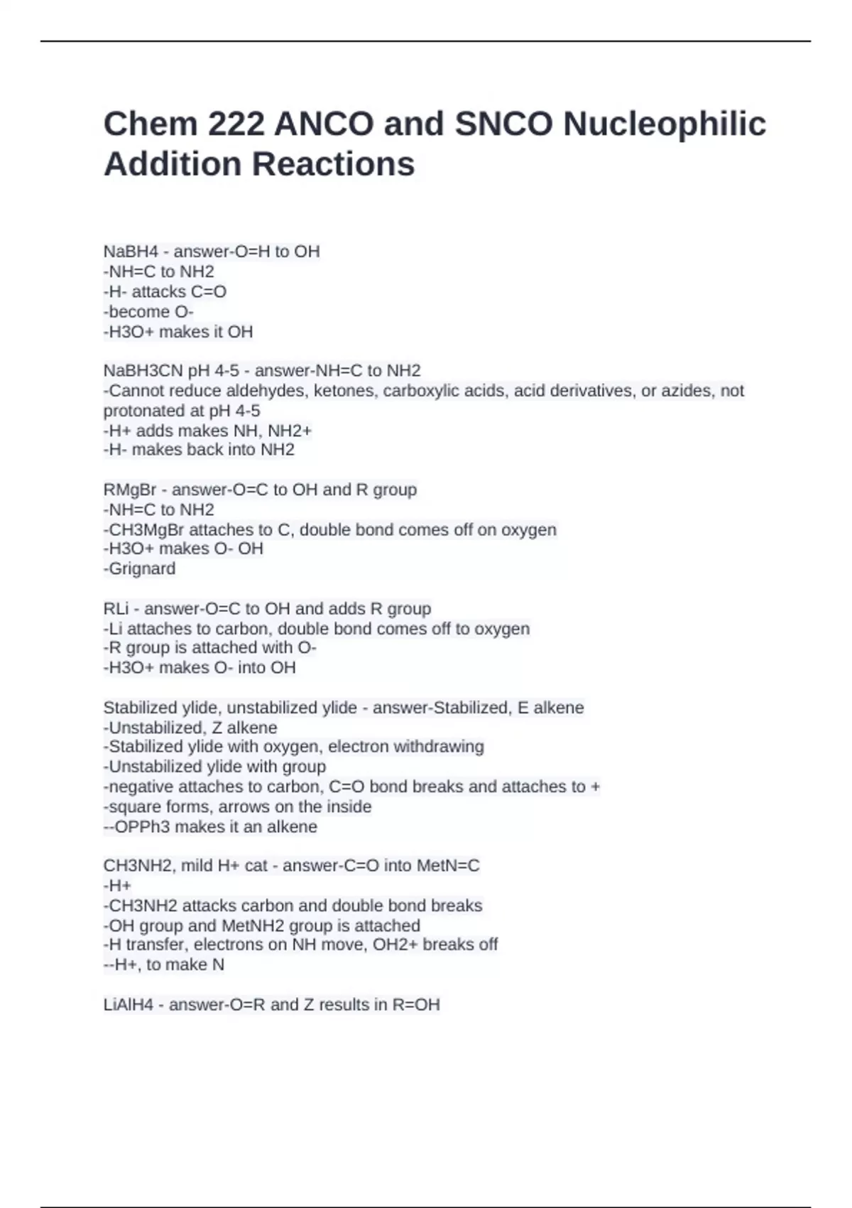 Chem 222 ANCO and SNCO Nucleophilic Addition Reactions Questions and ...