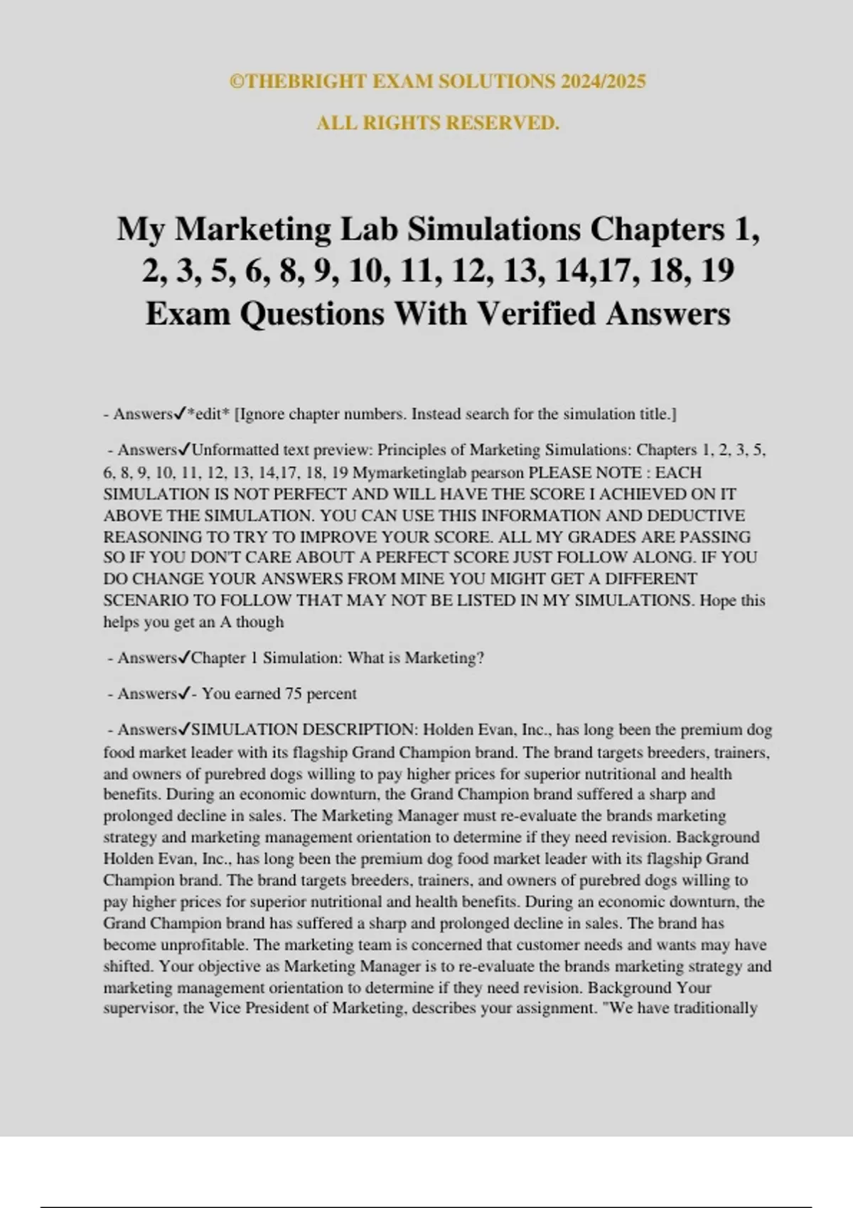 My Marketing Lab Simulations Chapters 1, 2, 3, 5, 6, 8, 9, 10, 11, 12 ...