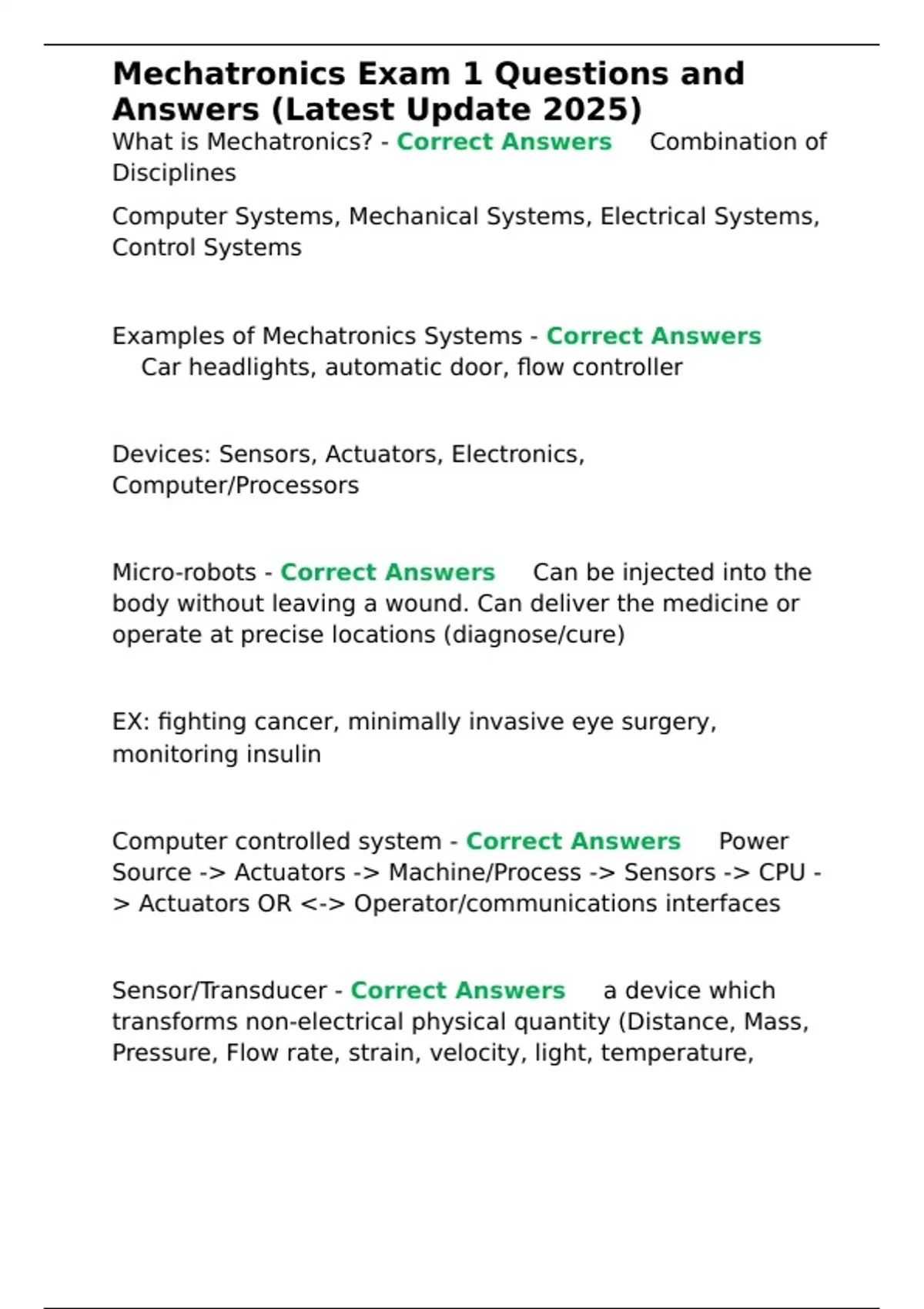 Mechatronics Exam 1 Questions and Answers (Latest Update 2025 ...