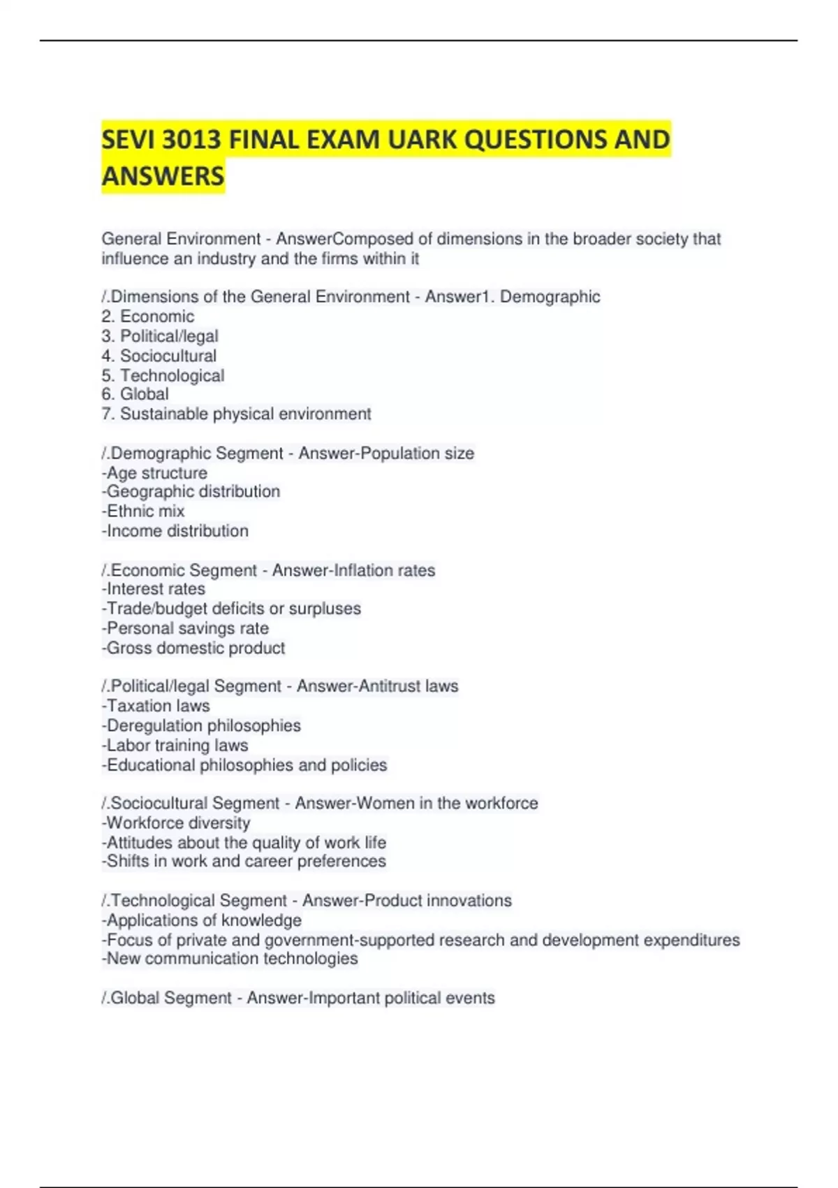 SEVI 3013 FINAL EXAM UARK QUESTIONS AND ANSWERS - SEVI 3013 - Stuvia US