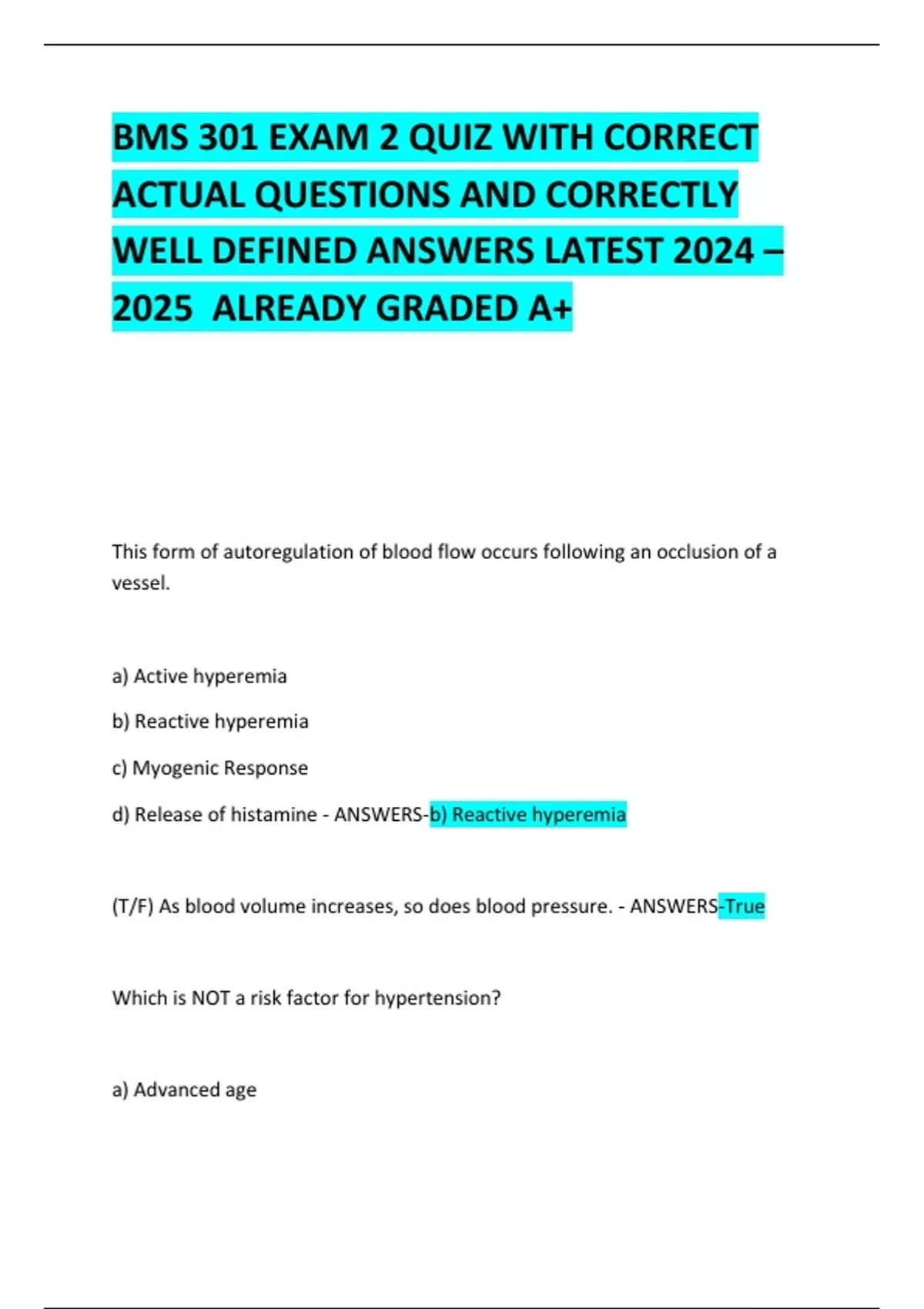BMS 301 EXAM 2 QUIZ WITH CORRECT ACTUAL QUESTIONS AND CORRECTLY WELL ...