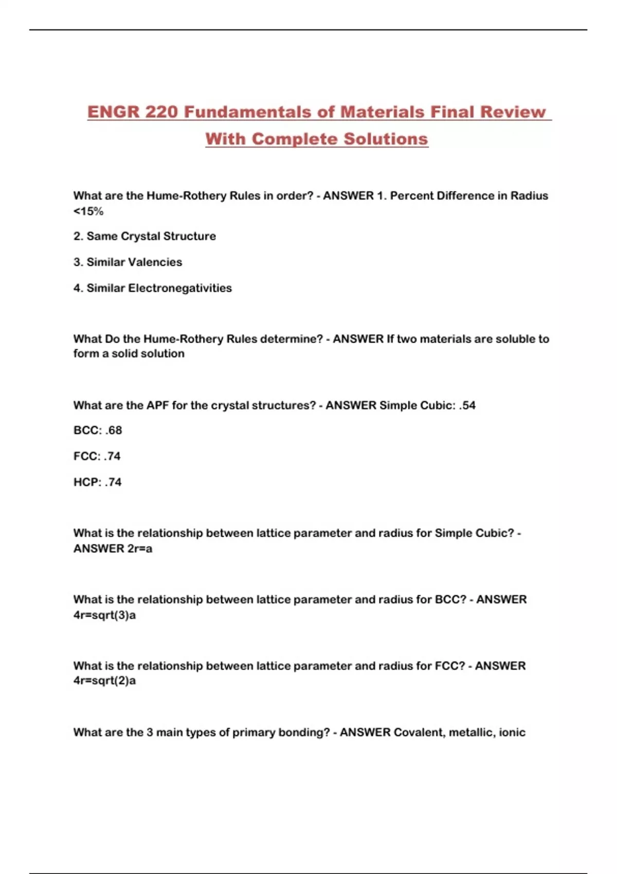 ENGR 220 Fundamentals of Materials Final Review With Complete Solutions ...