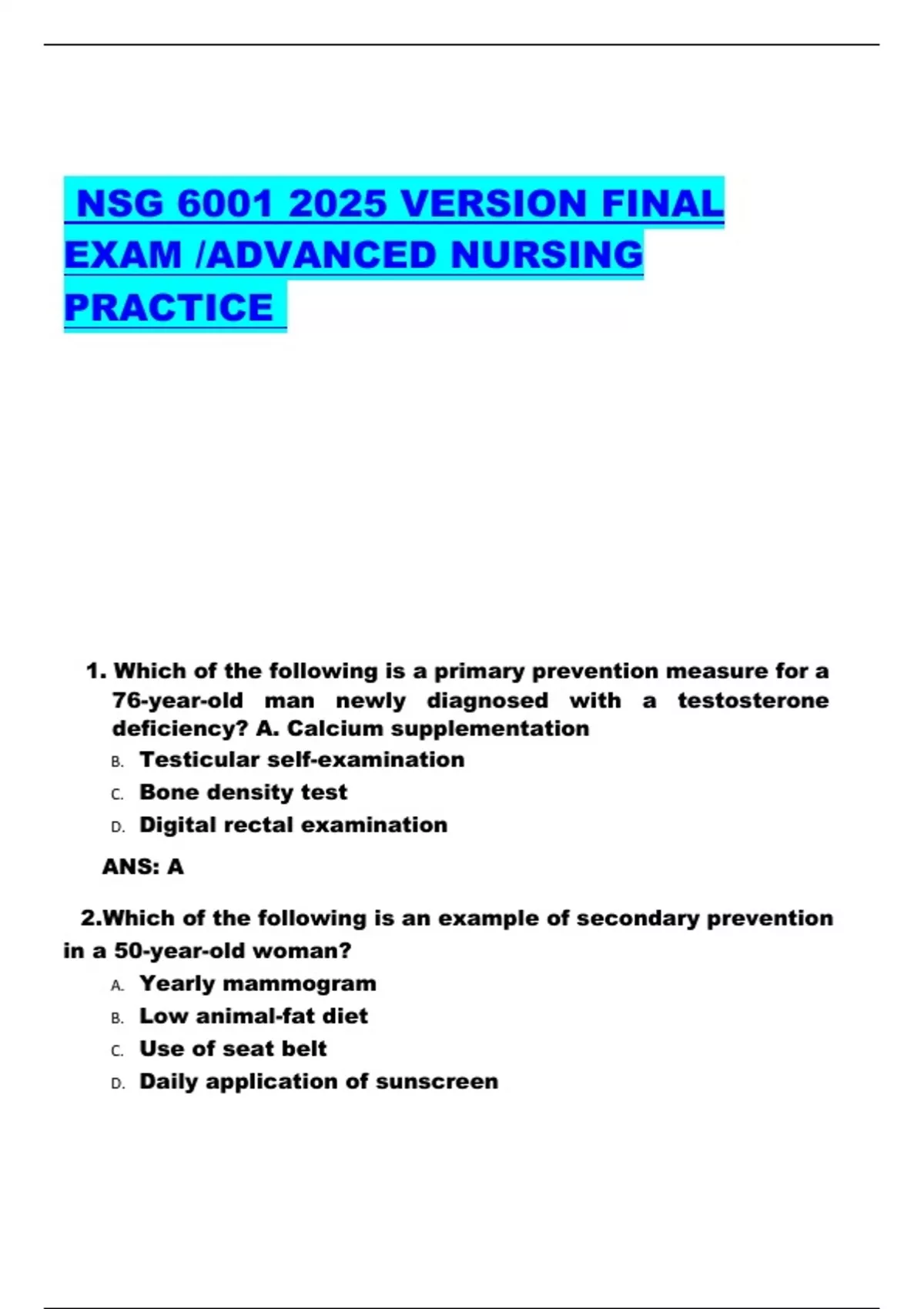NSG VERSION FINAL EXAM - NSG 6001 - Stuvia US