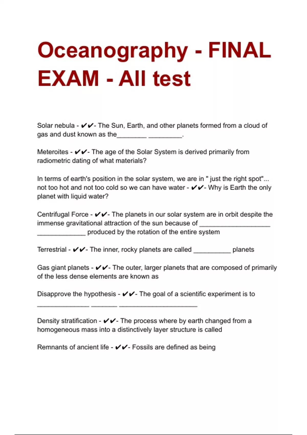 Oceanography - FINAL EXAM - All test (Latest Update 2024 / 2025 ...