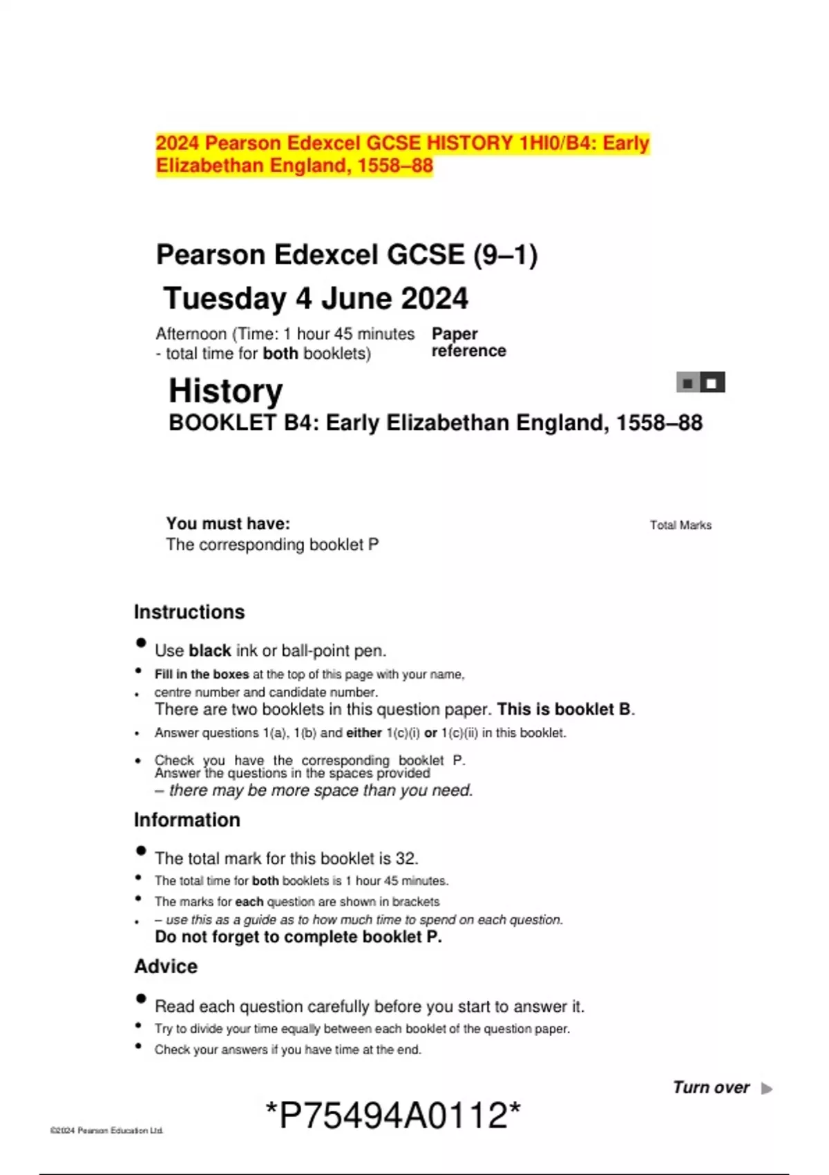 2024 Pearson Edexcel GCSE HISTORY 1HI0 B4 Early Elizabethan England 