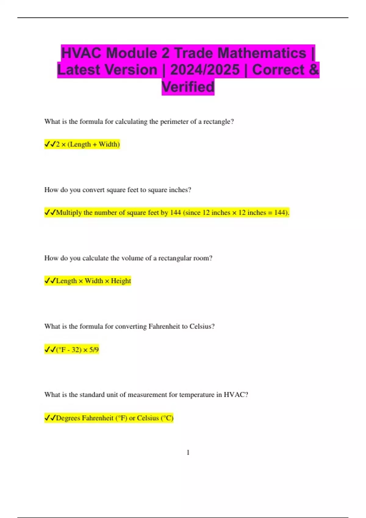 HVAC Module 2 Trade Mathematics | Latest Version | 2024/2025 | Correct ...
