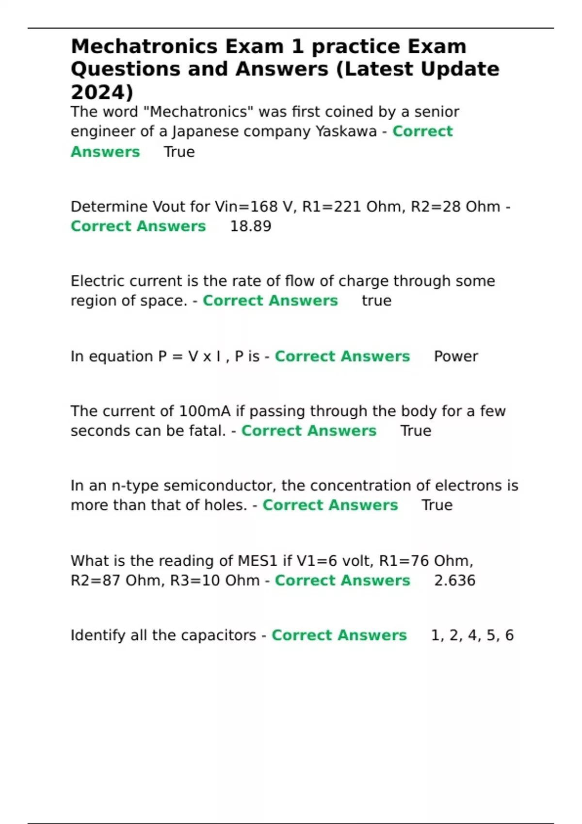 Mechatronics Exam 1 practice Exam Questions and Answers (Latest Update ...