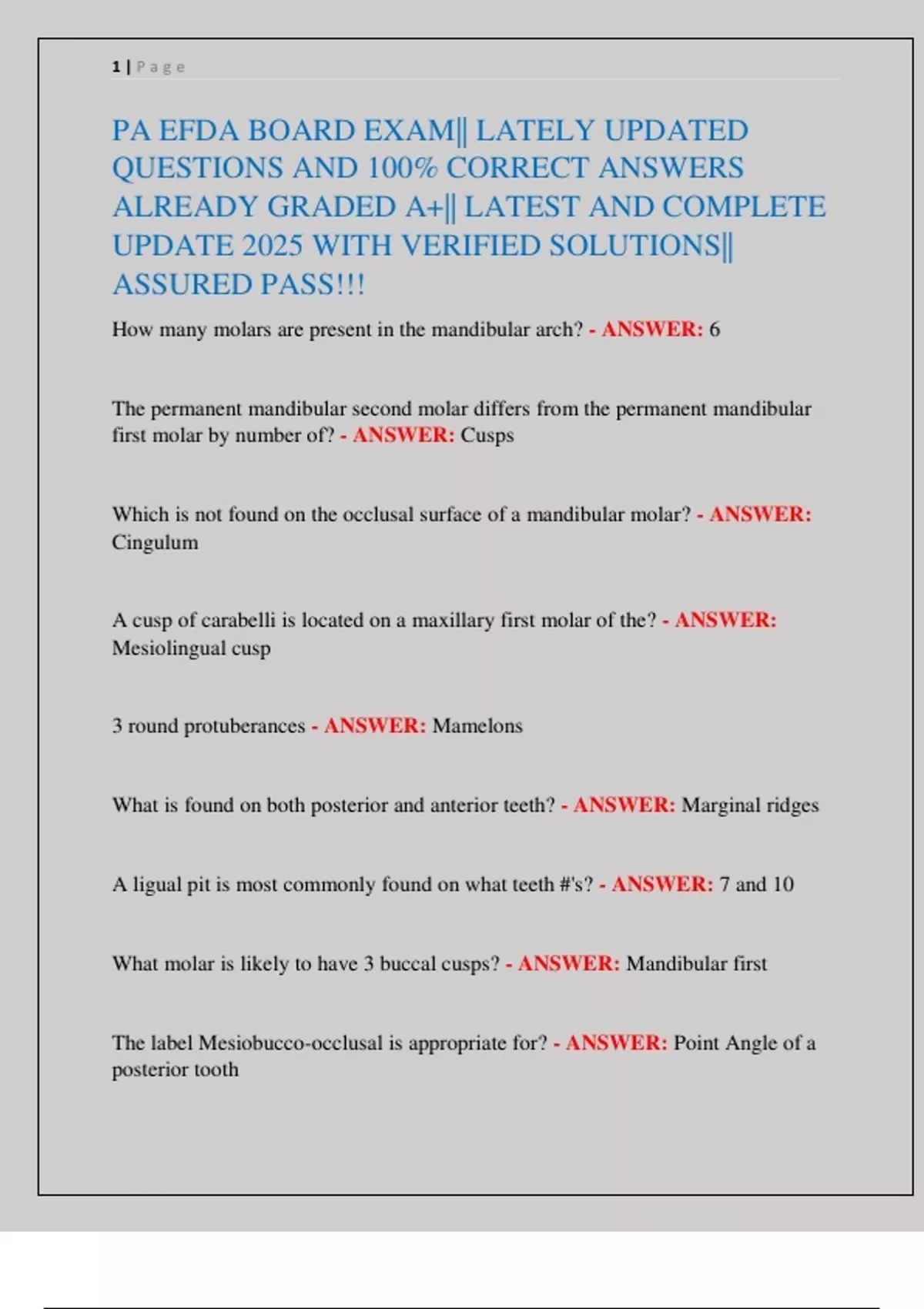 PA EFDA BOARD EXAM|| LATELY UPDATED QUESTIONS AND 100% CORRECT ANSWERS ...