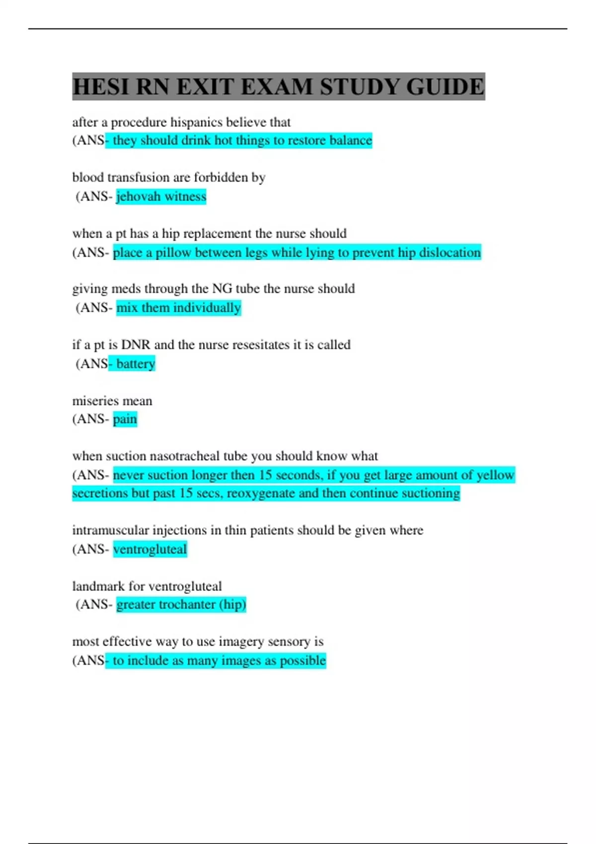 Hesi RN Exit Exam Study Guide, Best Review and Rationale, Test Bank ...