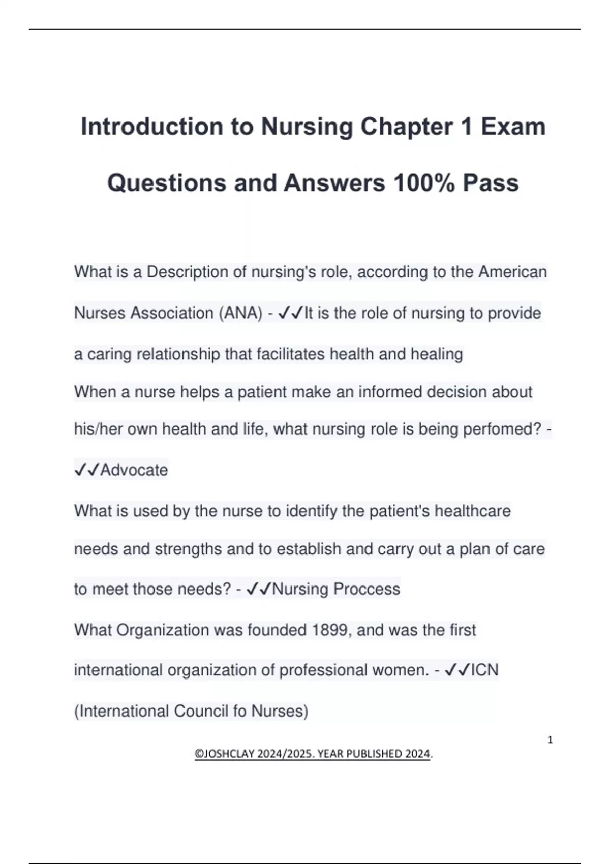 Introduction to Nursing Chapter 1 Exam Questions and Answers 100% Pass ...