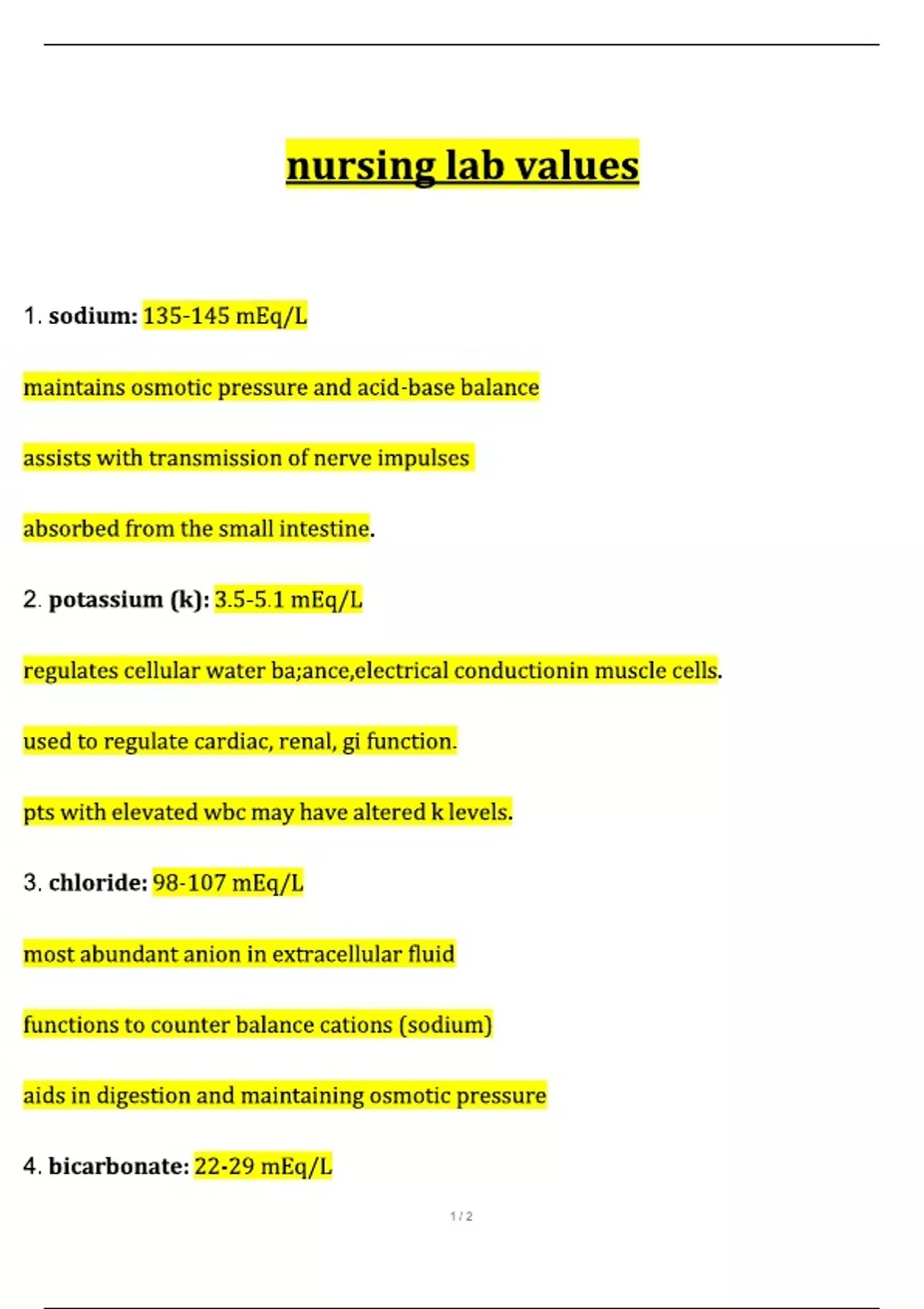 nursing lab values (Latest 2024/ 2025 Update) Questions and Verified ...