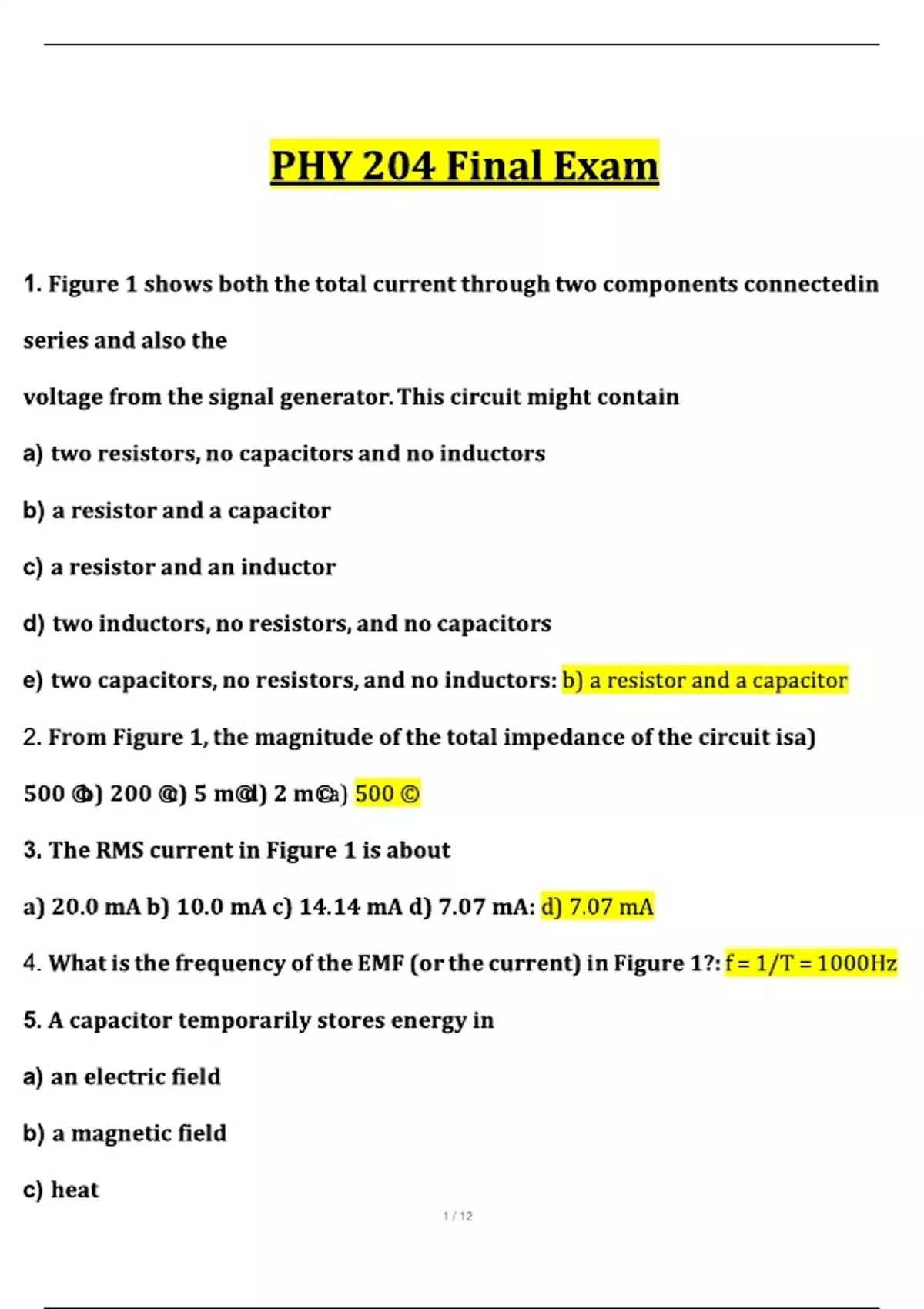 PHYS 204 Final Exam All Possible Questions and Answers Fully Solved 100 ...