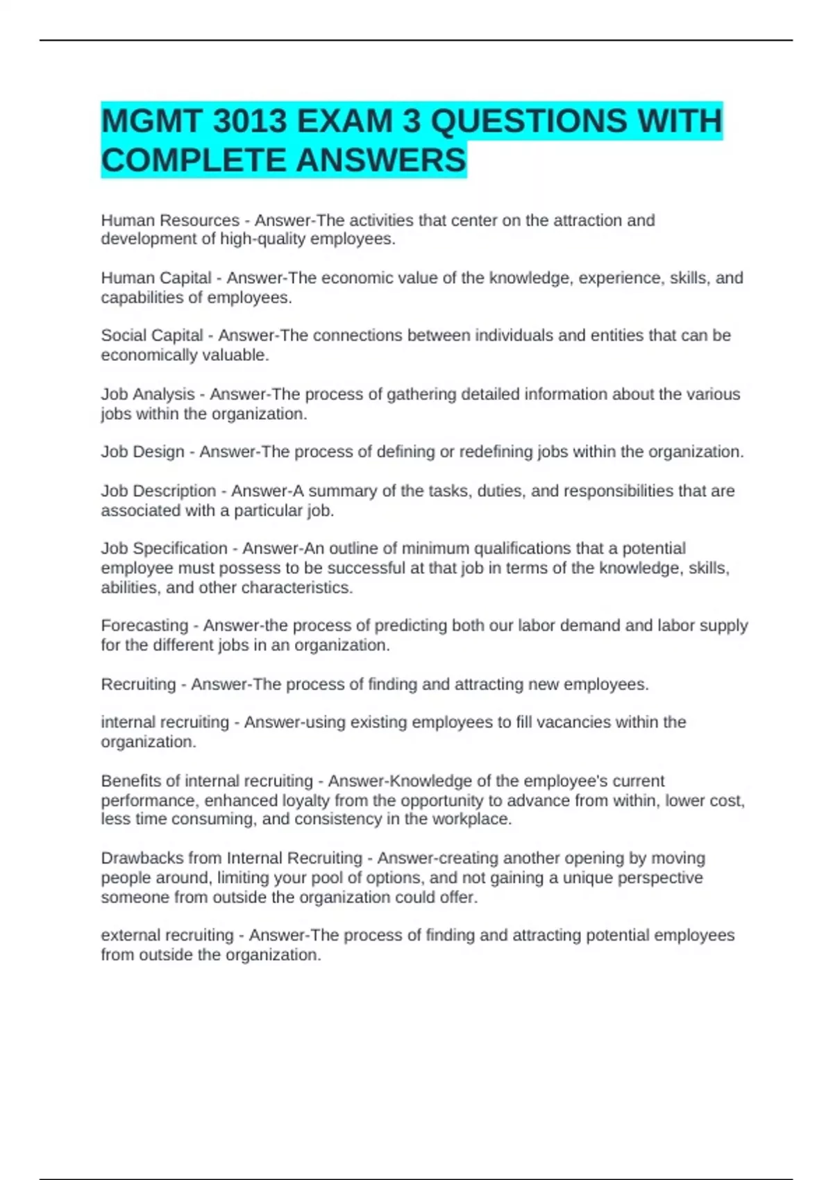 MGMT 3013 EXAM 3 QUESTIONS WITH COMPLETE ANSWERS - MGMT 3013 - Stuvia US