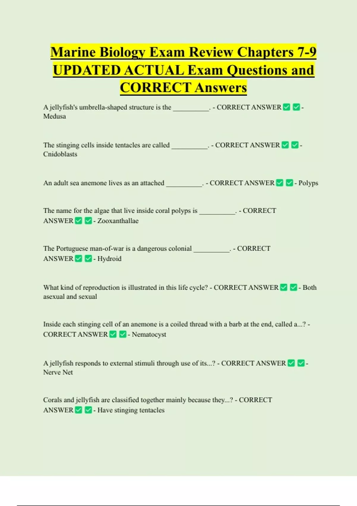 Marine Biology Bundled Exam Questions WITH CORRECT Answers - Stuvia US