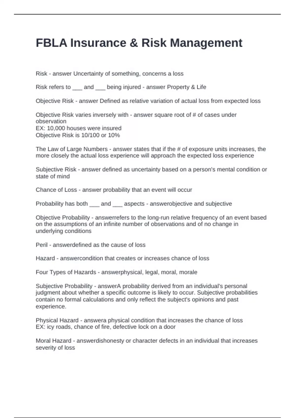 FBLA Insurance & Risk Management Questions and Answers - FBLA - Stuvia US