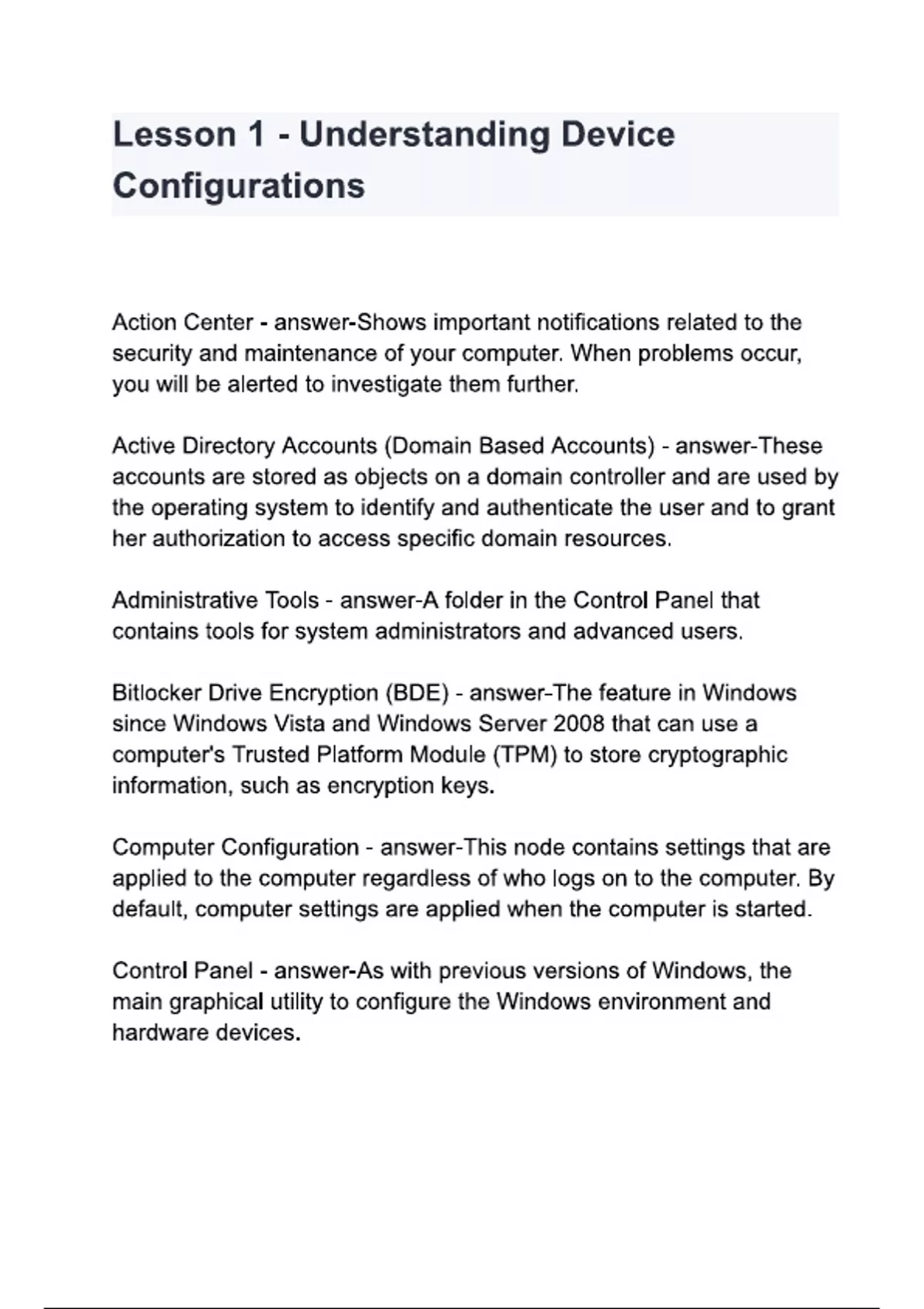 Lesson 1 - Understanding Device Configurations questions and answers ...
