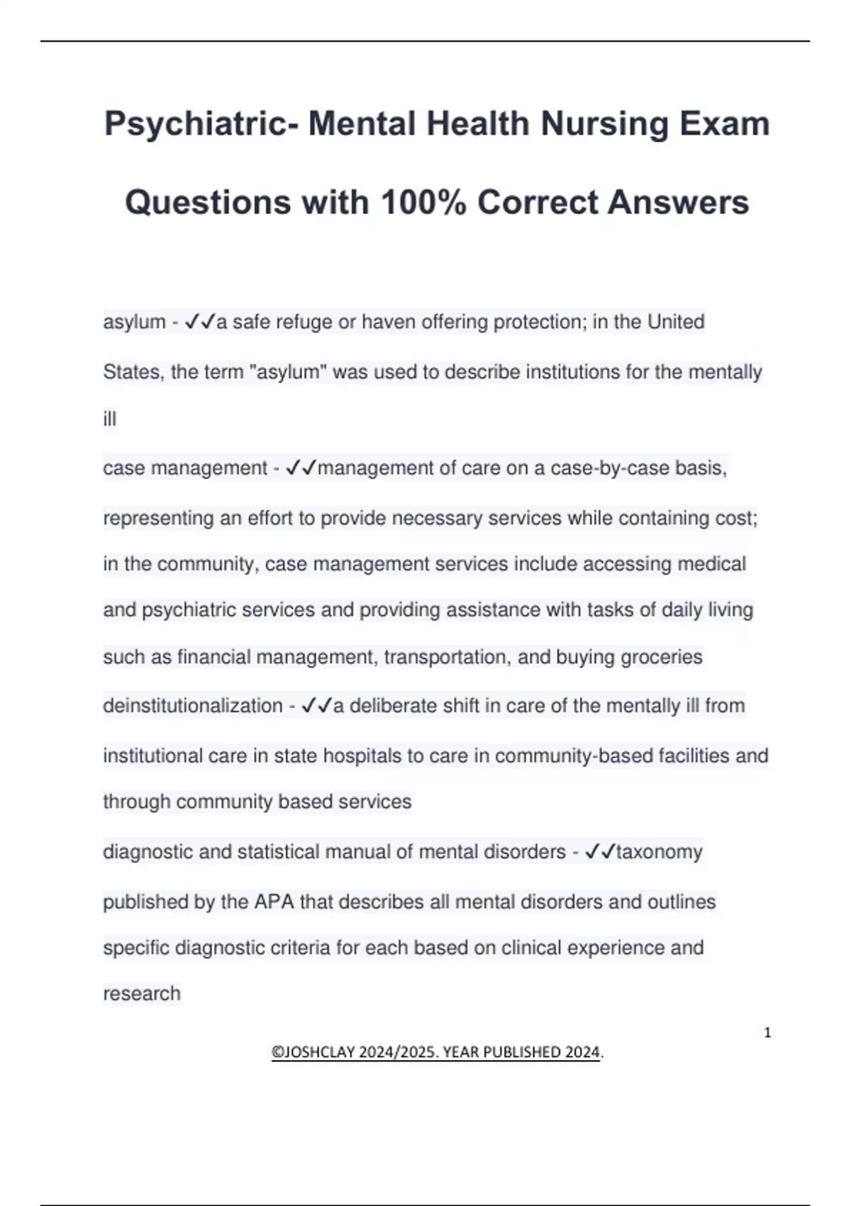 Psychiatric- Mental Health Nursing Exam Questions with 100% Correct ...