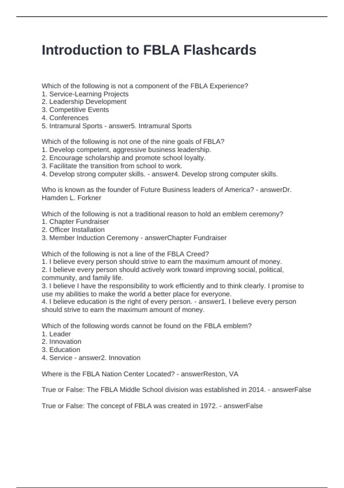 Introduction to FBLA Flashcards Questions and Answers Fully Solved ...