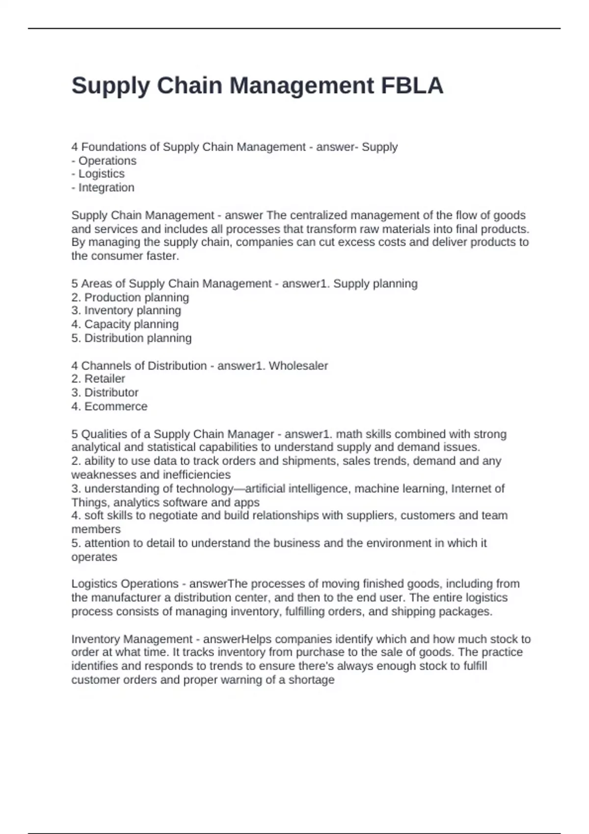 Supply Chain Management FBLA Questions and Answers 2024 - FBLA - Stuvia US