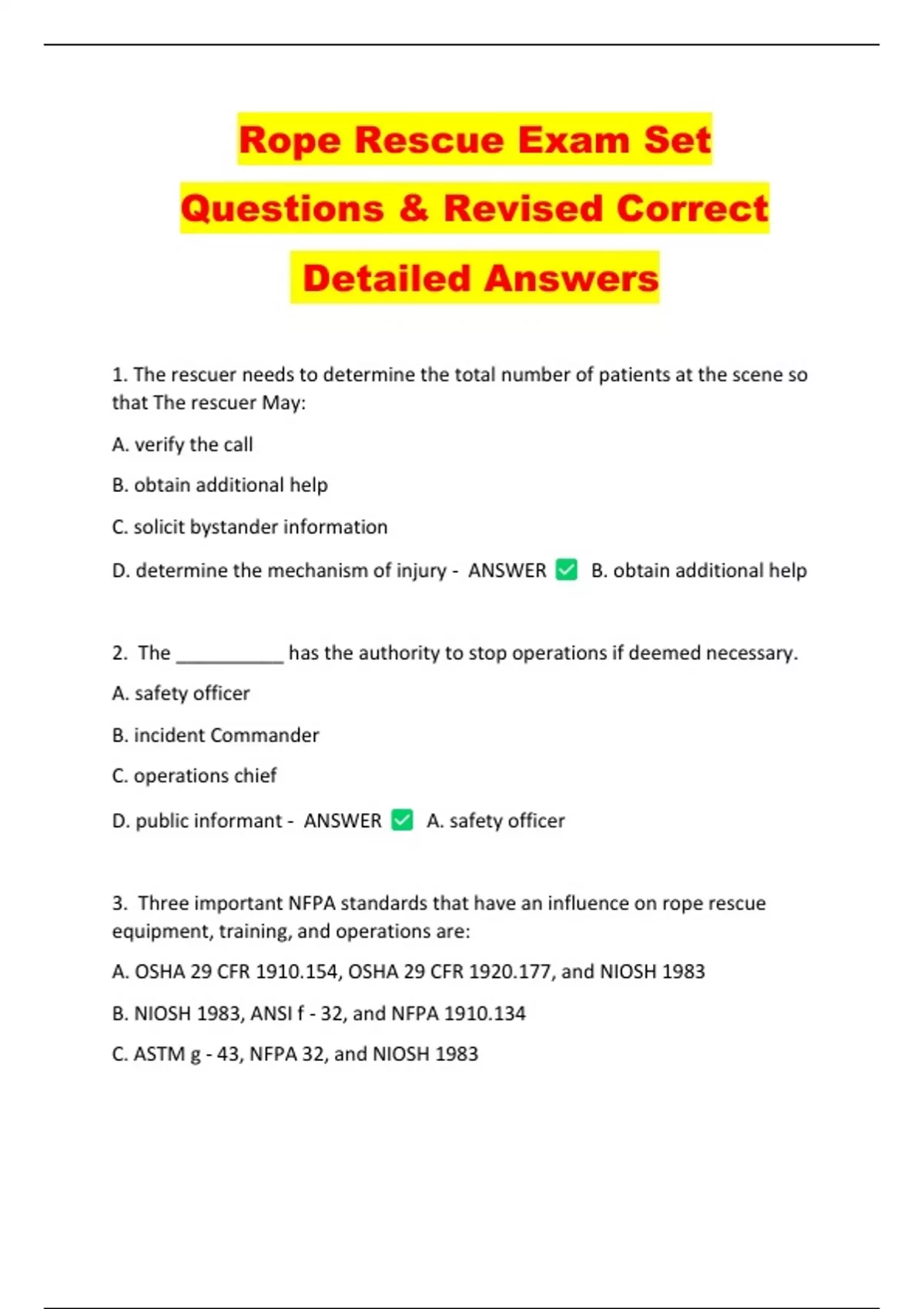 Rope Rescue Exam Set Questions & Revised Correct Detailed Answers ...