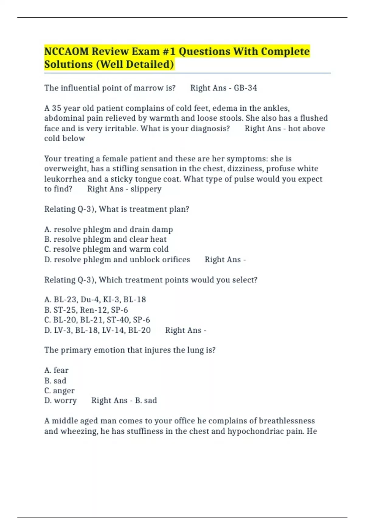 NCCAOM Review Exam #1 Questions With Complete Solutions (Well Detailed ...