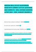 ARIZONA REAL ESTATE SALESPERSON EXAM WITH CORRECT ACTUAL QUESTIONS AND CORRECTLY  WELL DEFINED ANSWERS LATEST 2024 &ndash; 2025  ALREADY GRADED A&plus;     