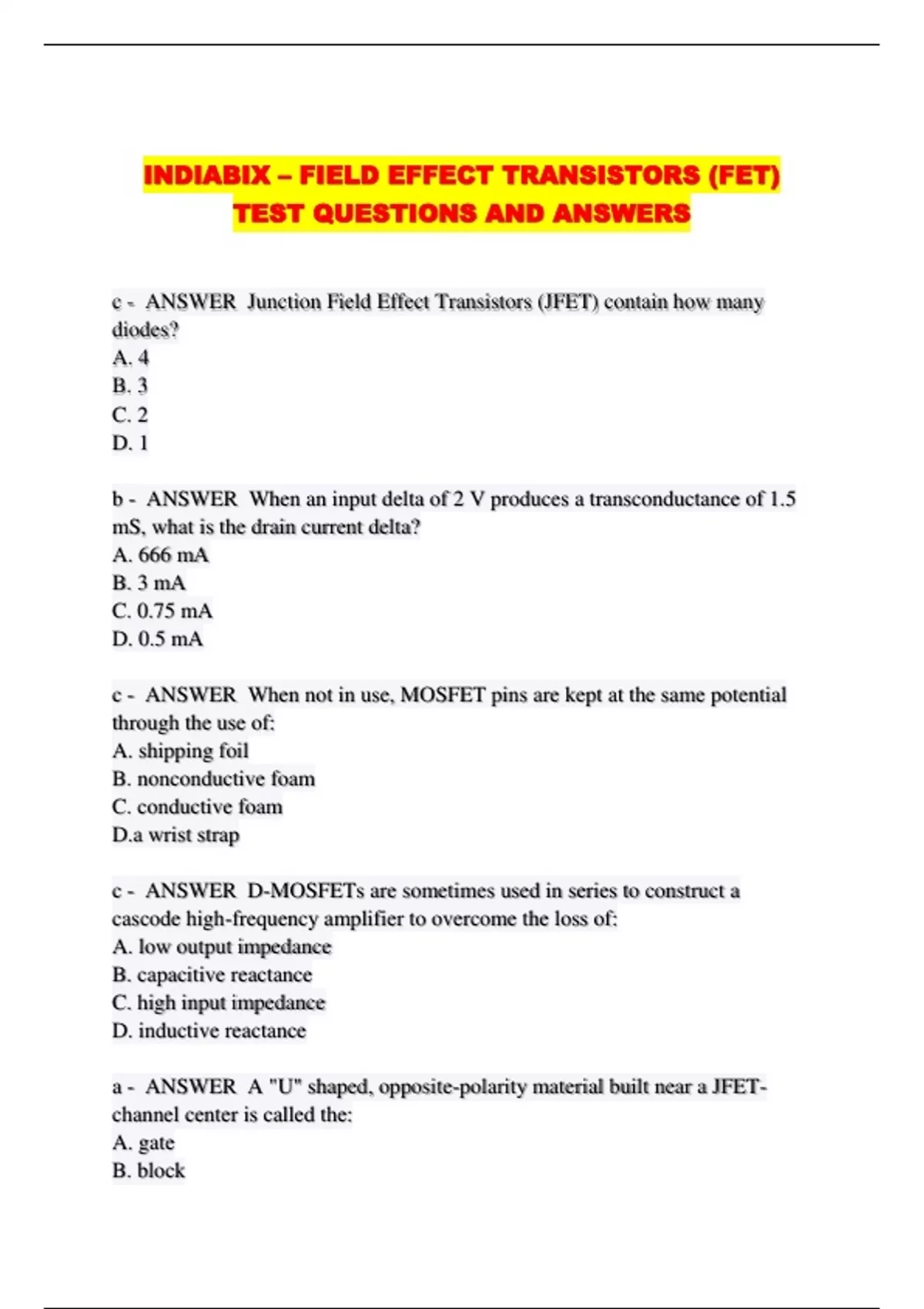 INDIABIX – FIELD EFFECT TRANSISTORS (FET) TEST QUESTIONS AND ANSWERS ...