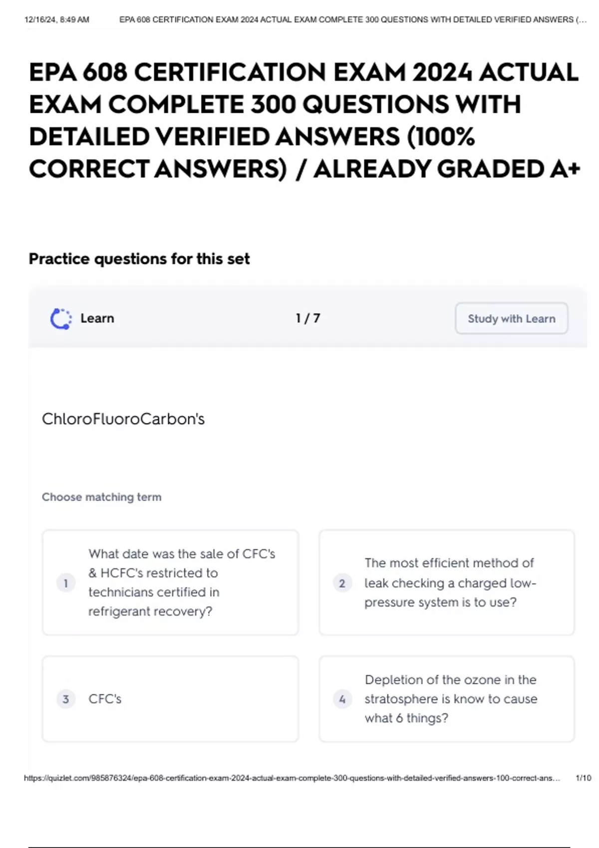 EPA 608 CERTIFICATION EXAM 2024 ACTUAL EXAM COMPLETE 300 QUESTIONS WITH ...