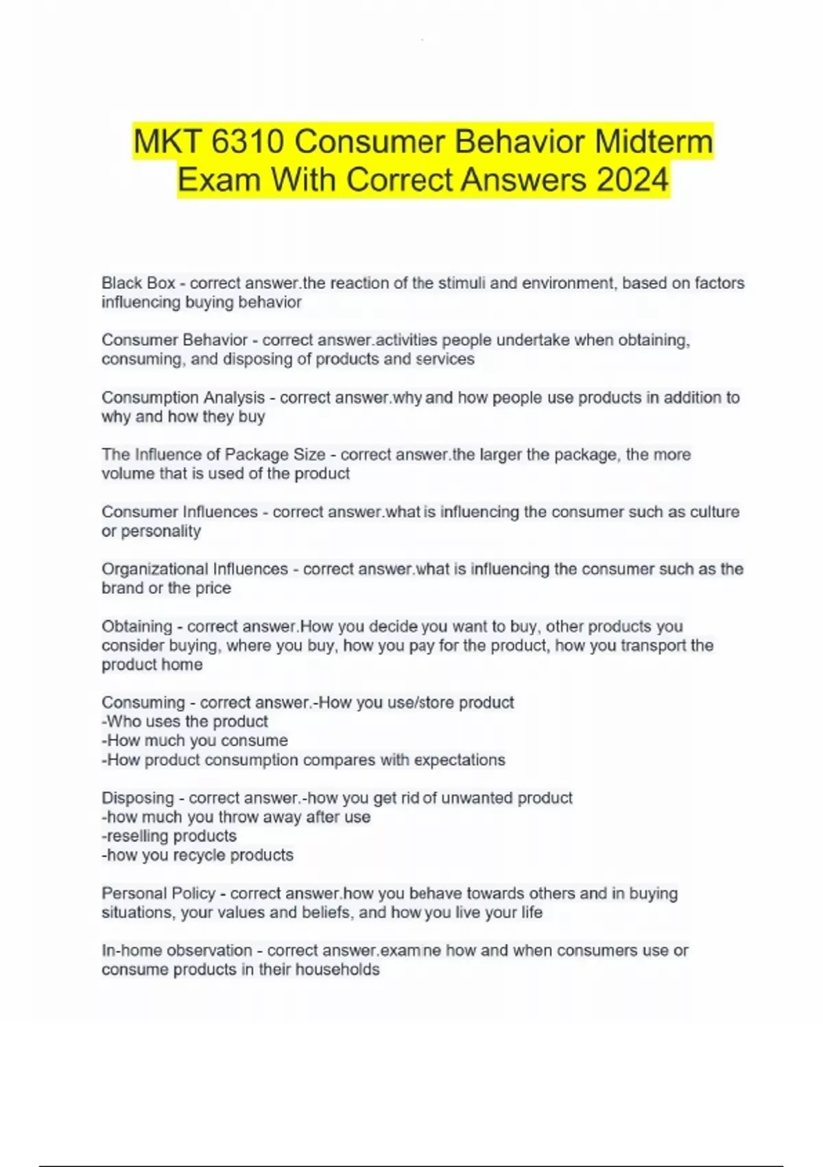 MKT 6310 Consumer Behavior Midterm Exam With Correct Answers 2024 - MKT ...