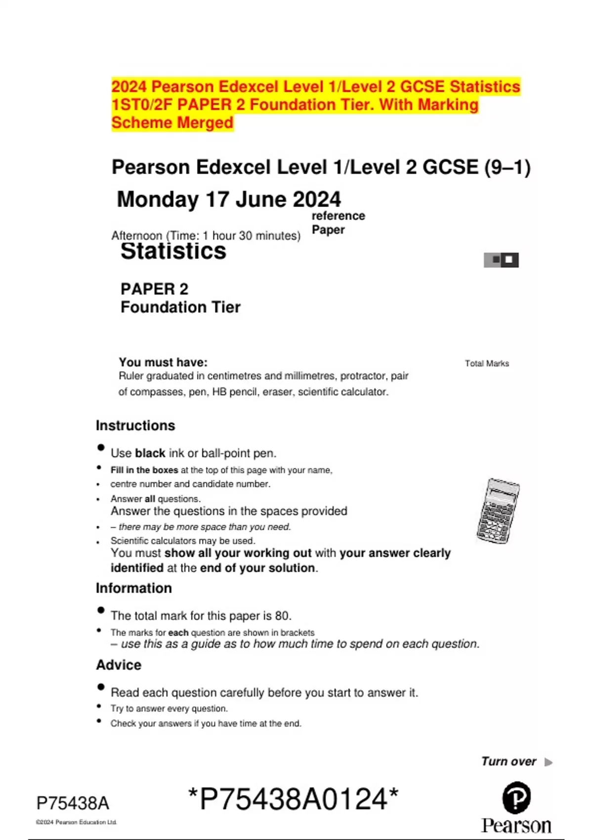 2024 Pearson Edexcel Level 1/Level 2 GCSE Statistics 1ST0/2F PAPER 2 ...
