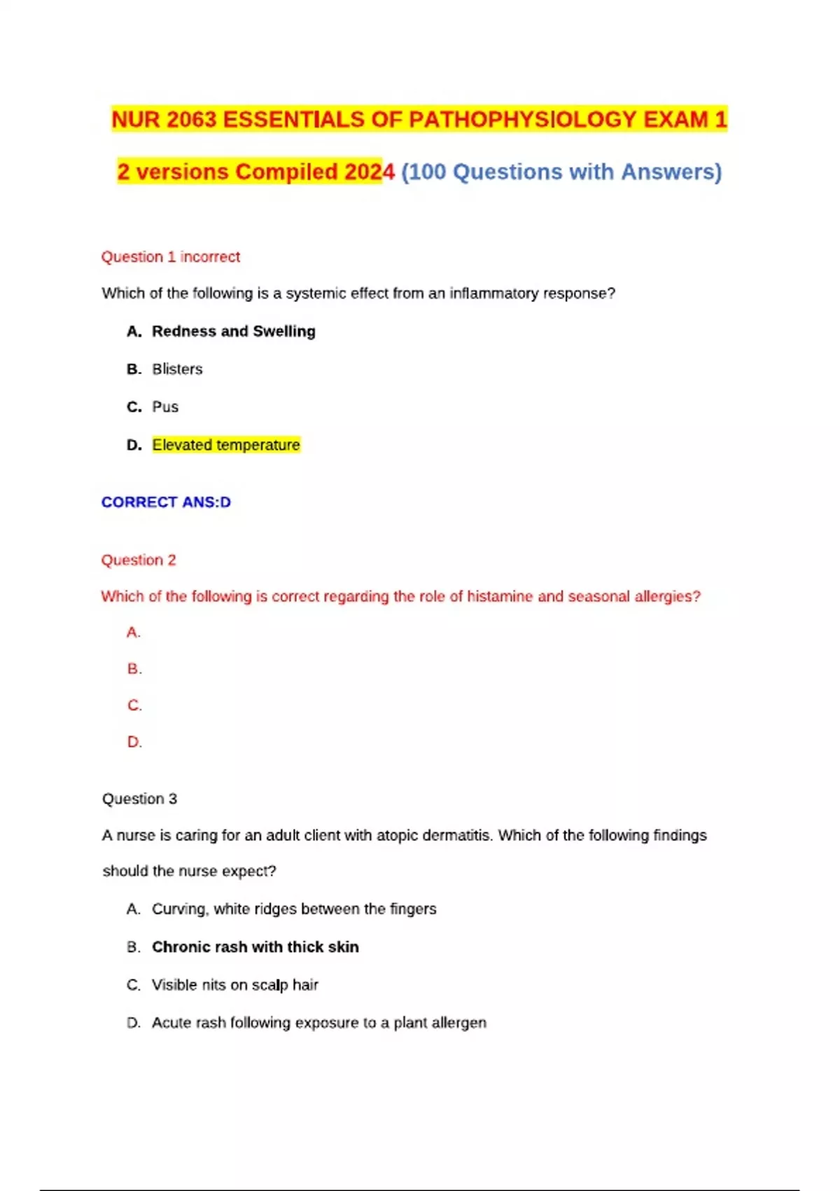 NUR 2063 ESSENTIALS OF PATHOPHYSIOLOGY EXAM 1 Version 2 2024 (Latest ...