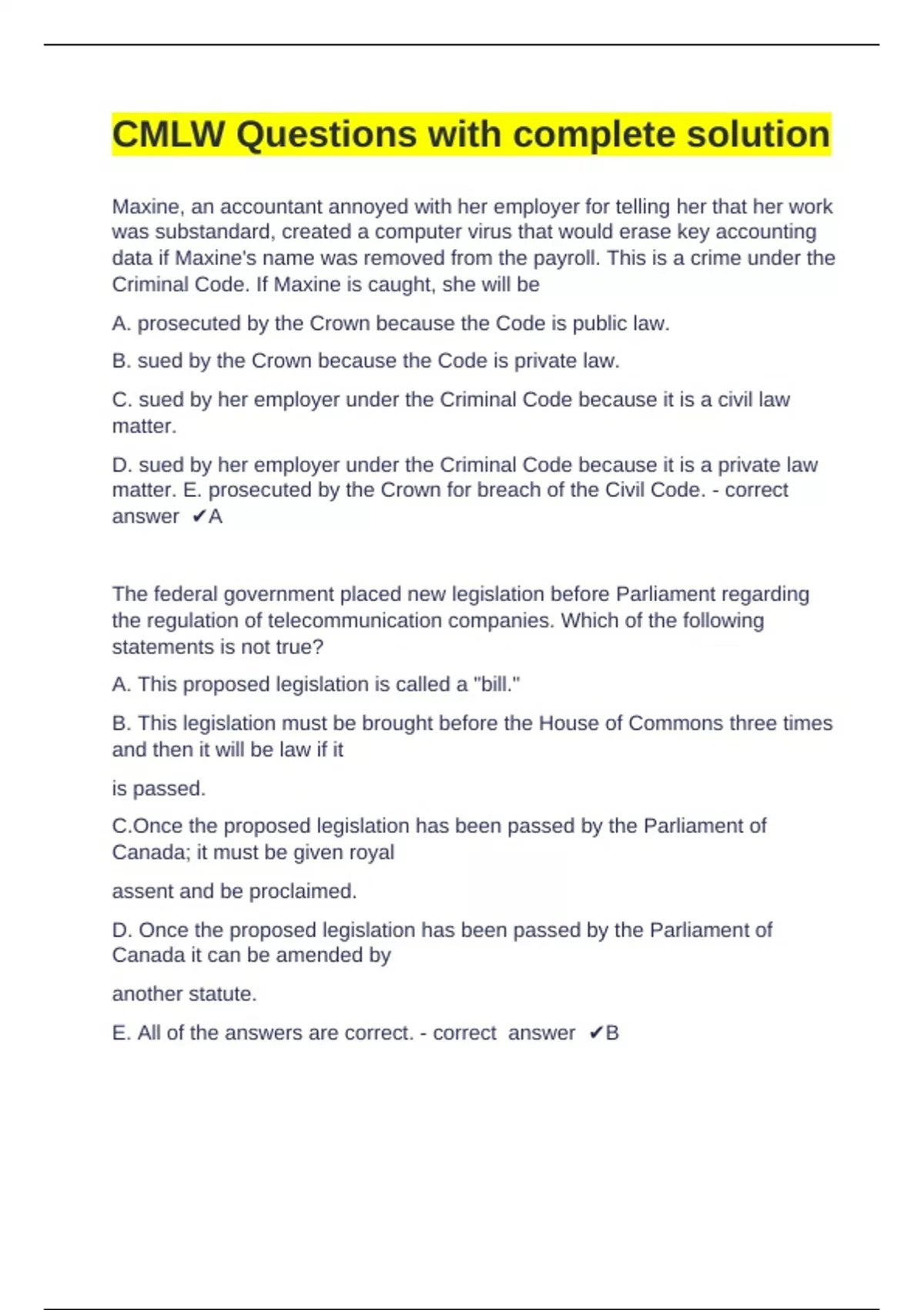 CMLW Questions with complete solution - CMLW 2201 - Stuvia US