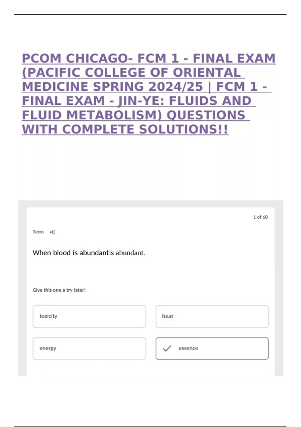 PCOM CHICAGO- FCM 1 - FINAL EXAM (PACIFIC COLLEGE OF ORIENTAL MEDICINE ...