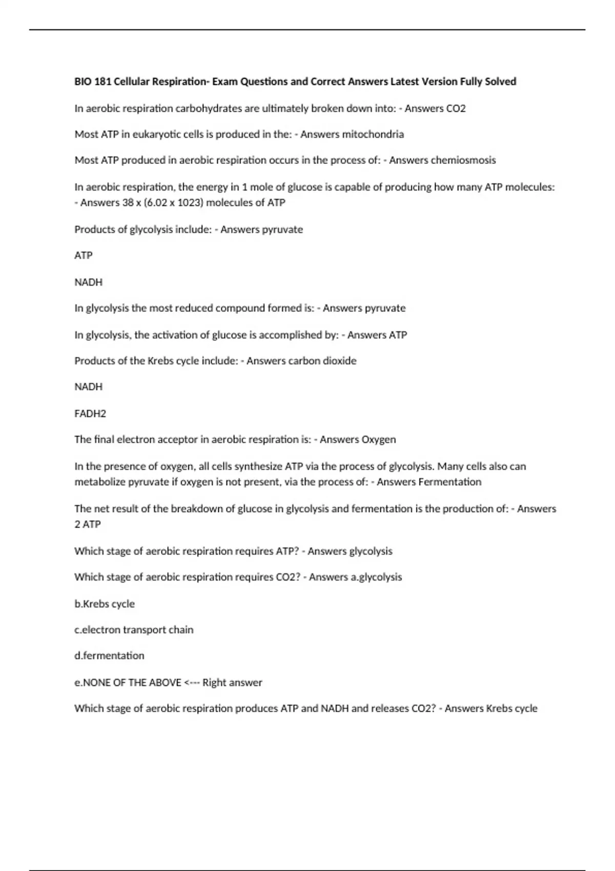 BIO 181 Cellular Respiration- Exam Questions and Correct Answers Latest ...