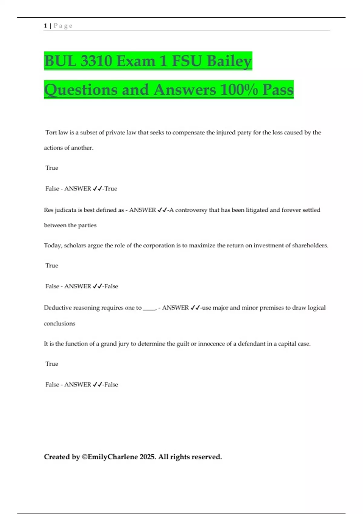 BUL 3310 Exam 1 FSU Bailey Questions and Answers 100% Pass - BUL 3310 ...
