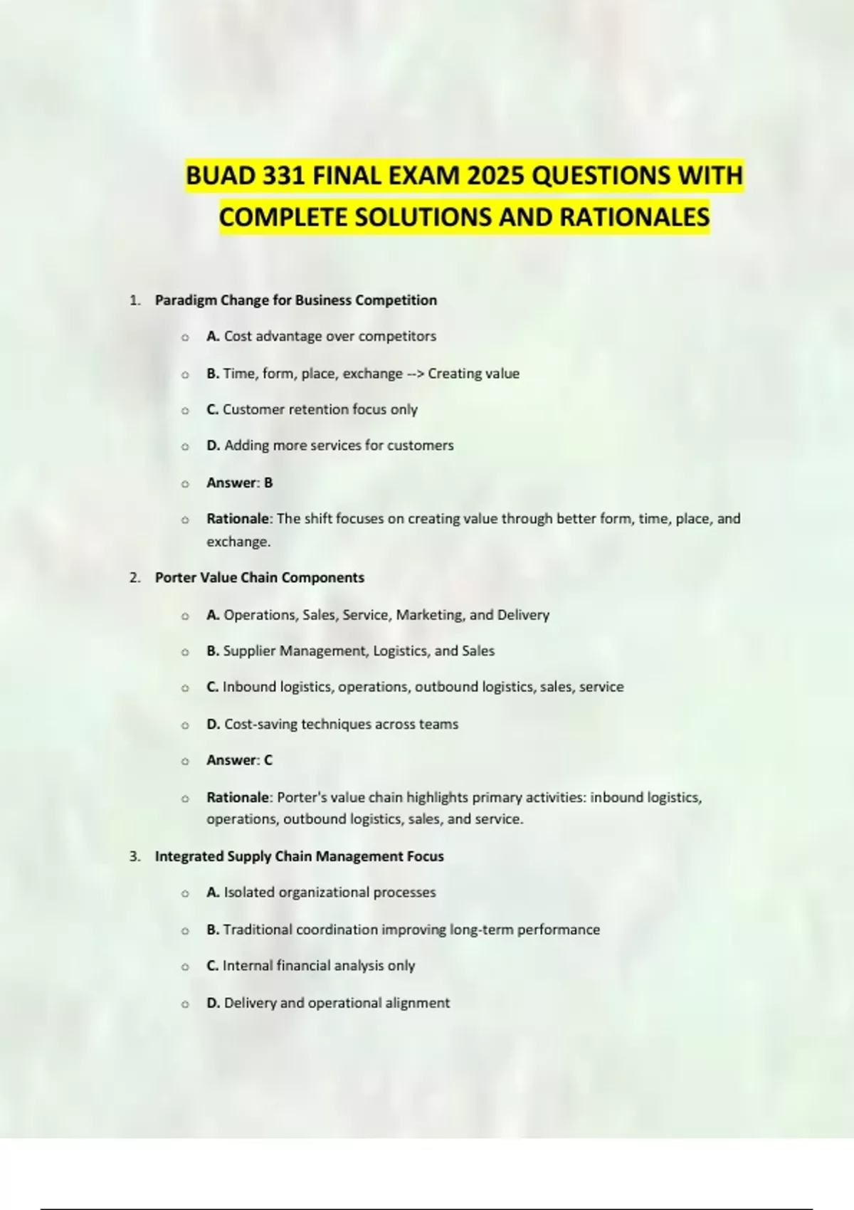 BUAD 331 FINAL EXAM 2025 QUESTIONS WITH COMPLETE SOLUTIONS AND ...