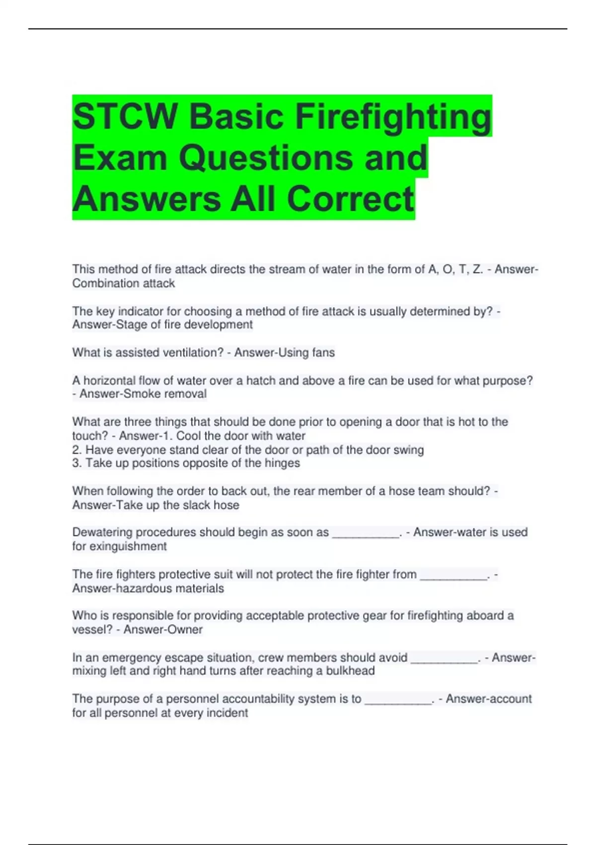 STCW Basic Firefighting Exam Questions and Answers All Correct - STCW ...
