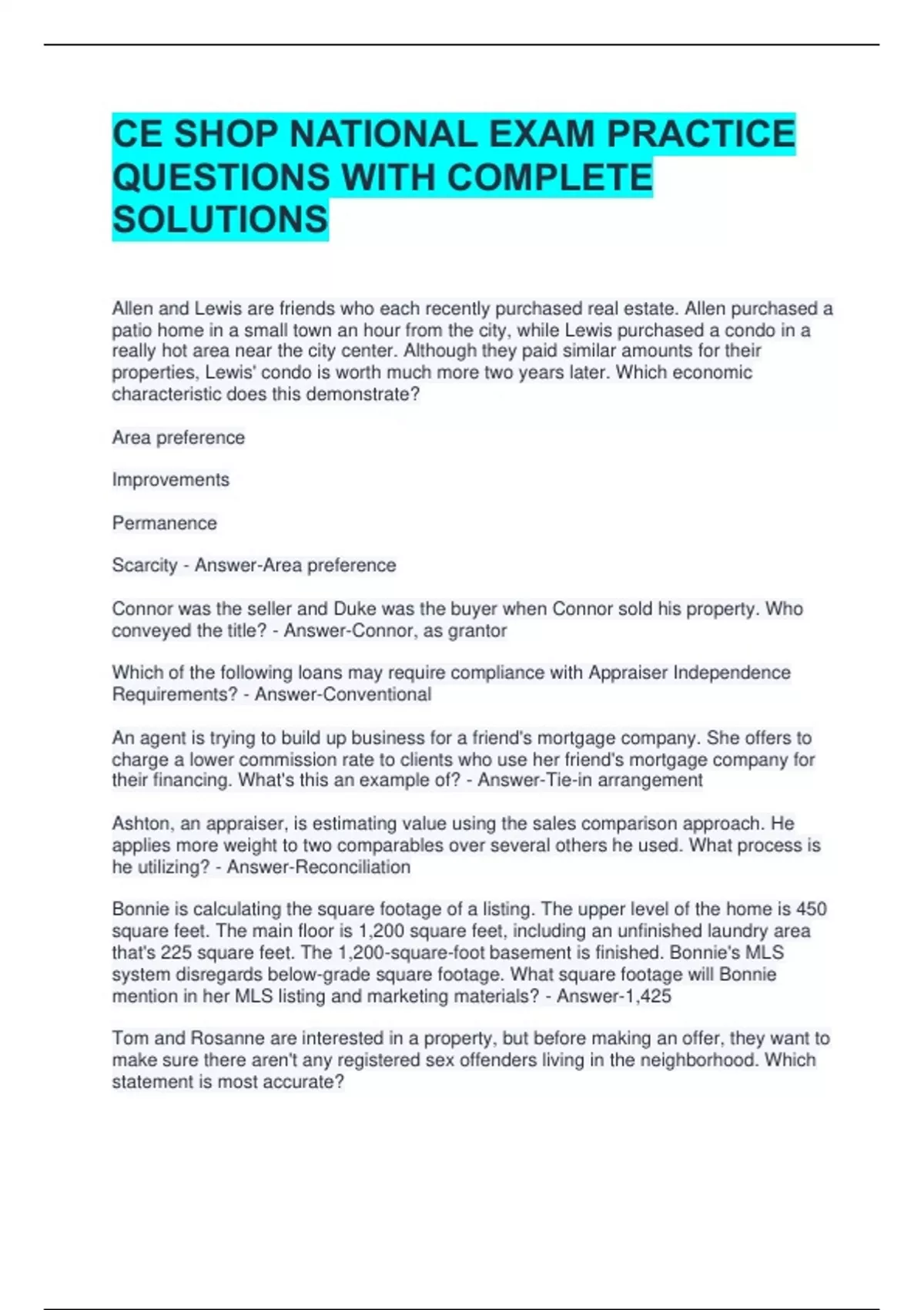 CE SHOP NATIONAL EXAM PRACTICE QUESTIONS WITH COMPLETE SOLUTIONS - CE ...