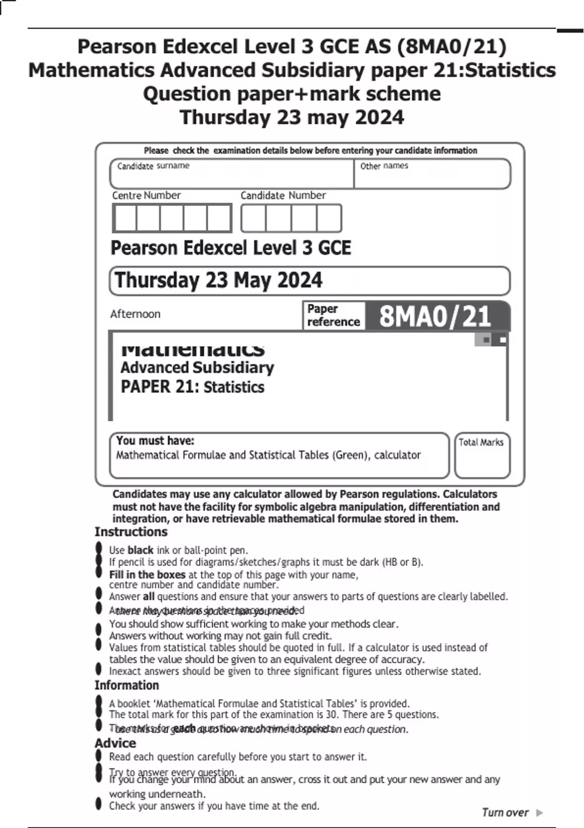 Pearson Edexcel Level 3 GCE AS (8MA0/21) Mathematics Advanced ...
