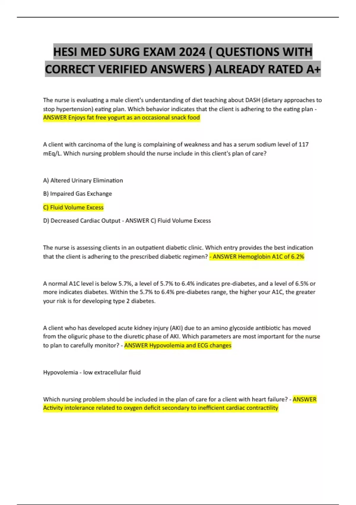 HESI MED SURG EXAM 2024 ( QUESTIONS WITH CORRECT VERIFIED ANSWERS ...