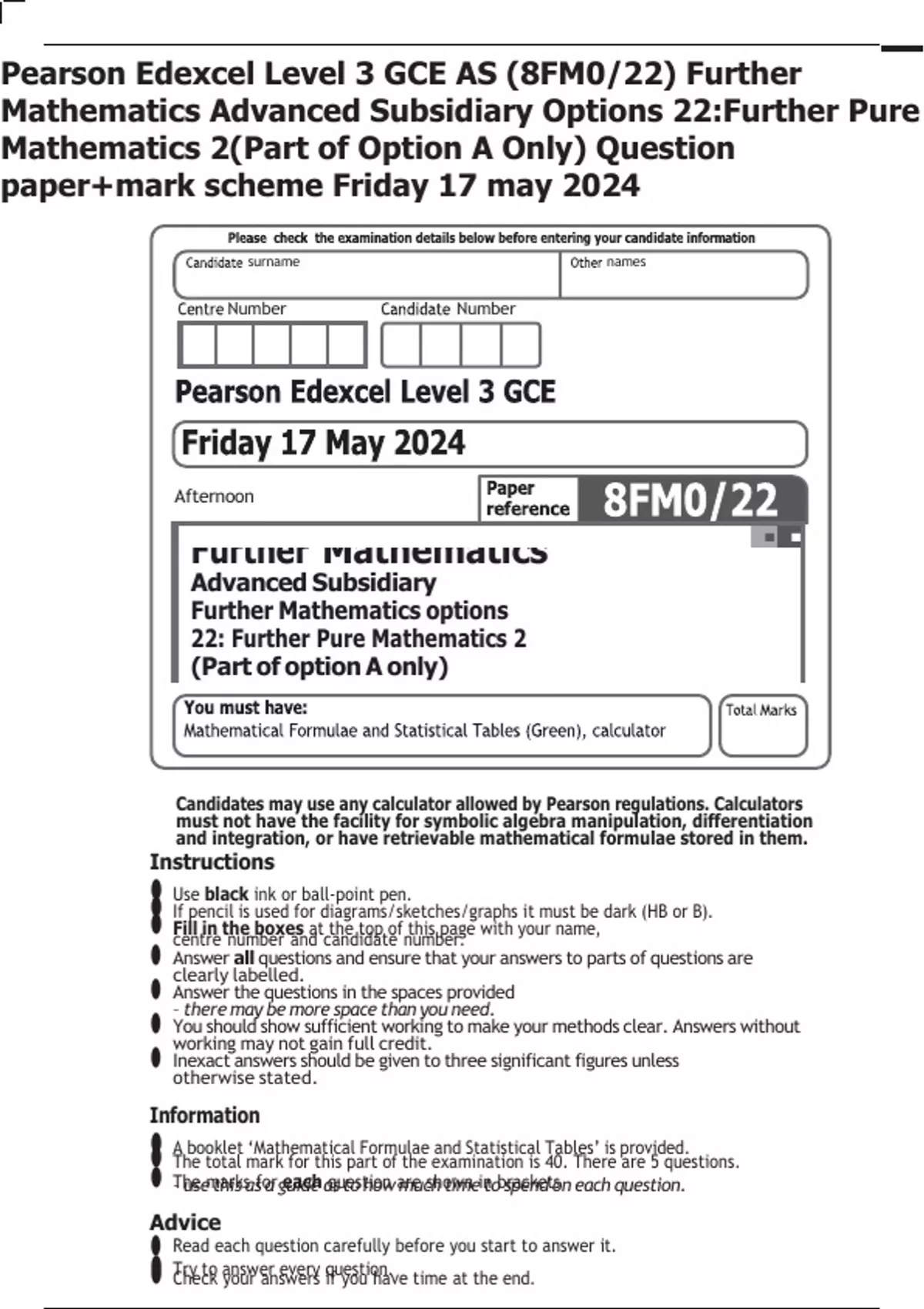 Pearson Edexcel Level 3 GCE AS (8FM0/22) Further Mathematics Advanced ...