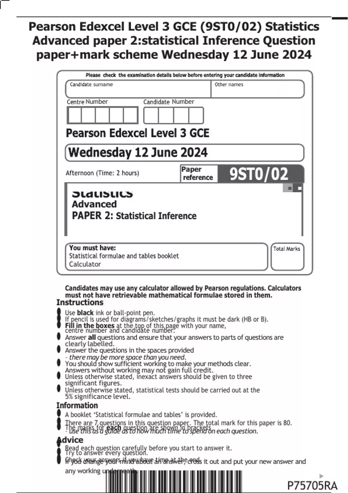 Pearson Edexcel Level 3 GCE (9ST0/02) Statistics Advanced paper 2 ...