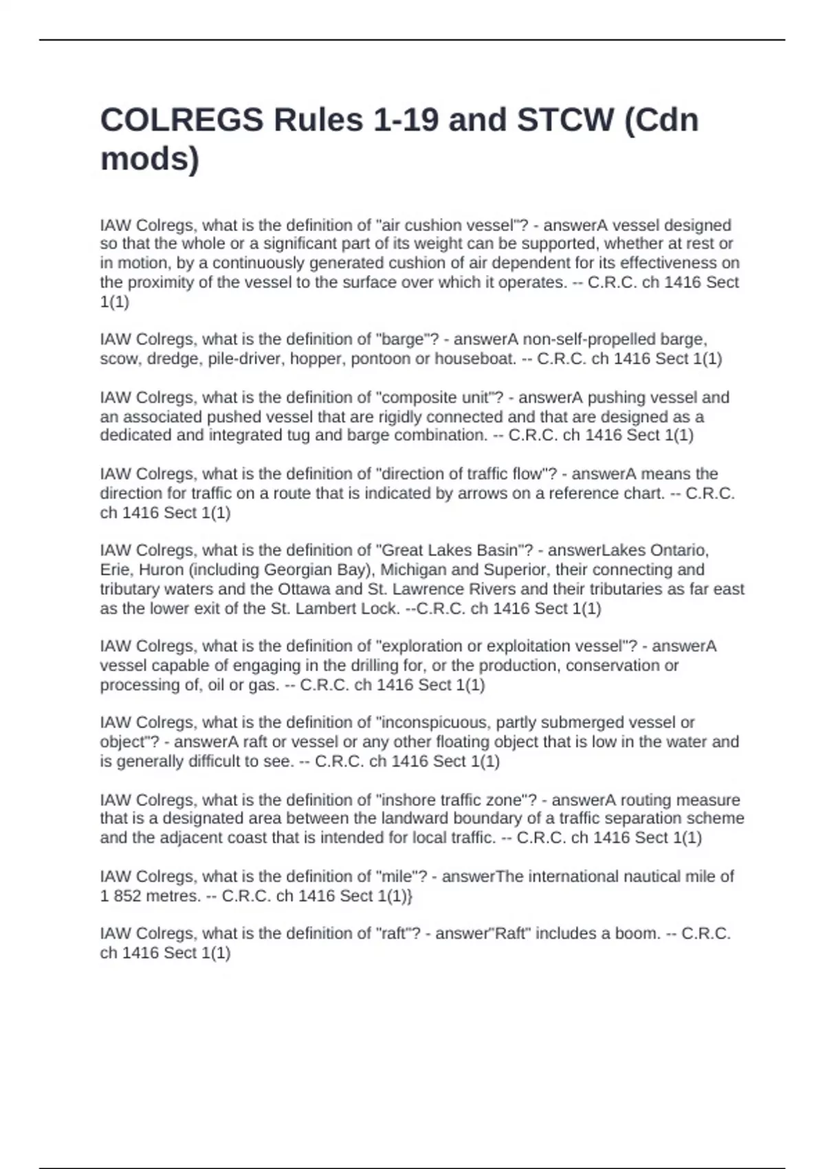COLREGS Rules 1-19 and STCW (Cdn mods) Questions and Answers 2024 ...