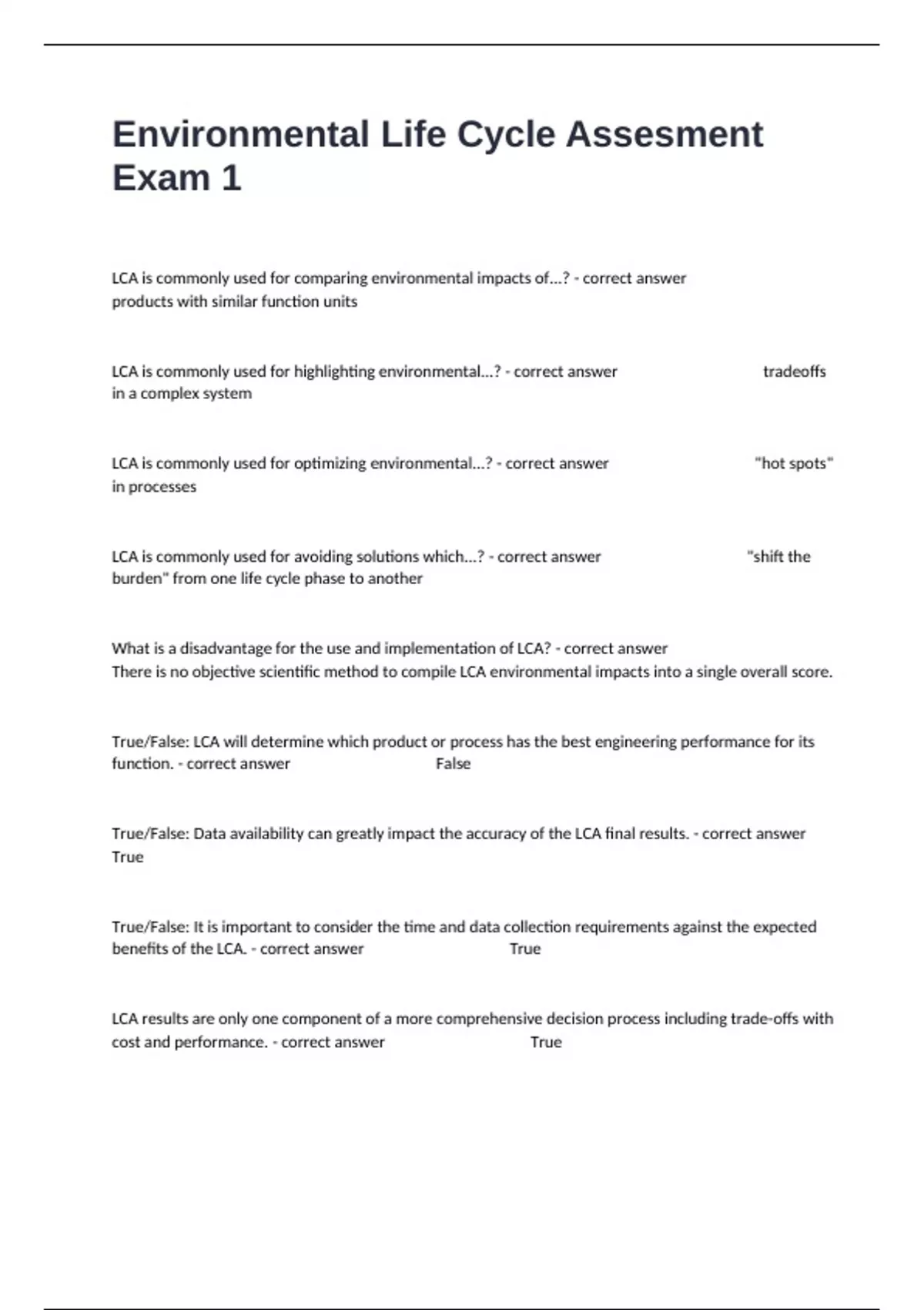 Environmental Life Cycle Assessment Exam 1 Questions With Correct ...