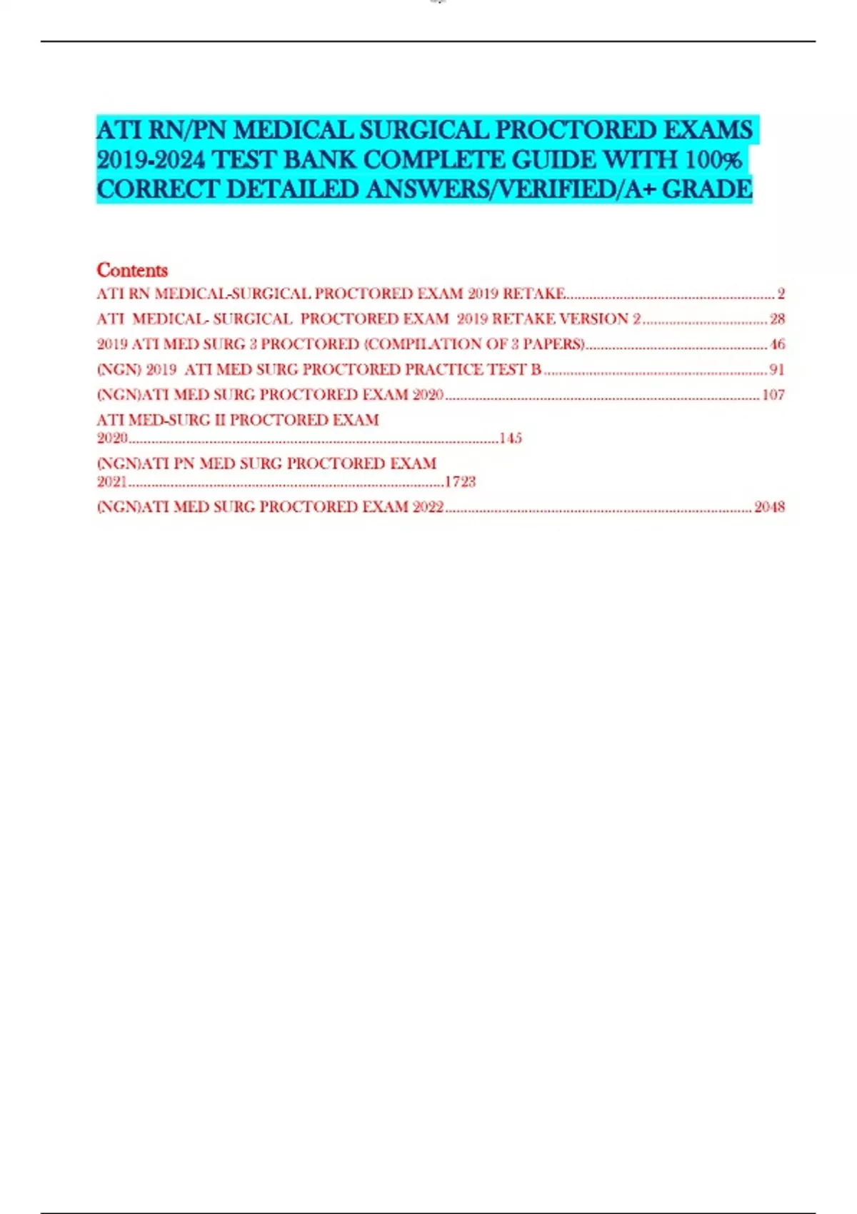 ATI RN/PN MEDICAL SURGICAL PROCTORED EXAMS TEST BANK COMPLETE GUIDE
