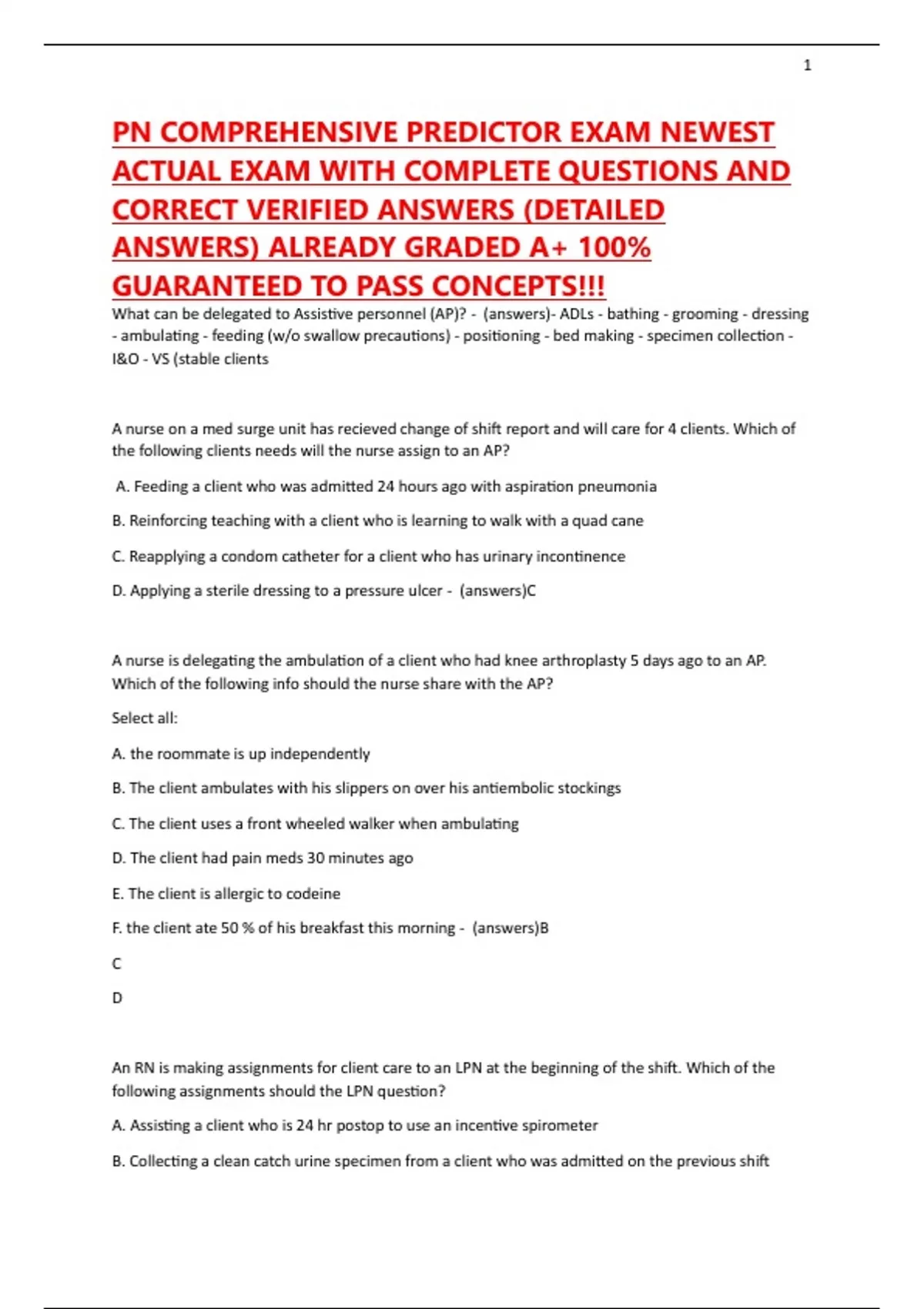 PN COMPREHENSIVE PREDICTOR EXAM NEWEST ACTUAL EXAM WITH COMPLETE QUESTIONS AND CORRECT VERIFIED ...