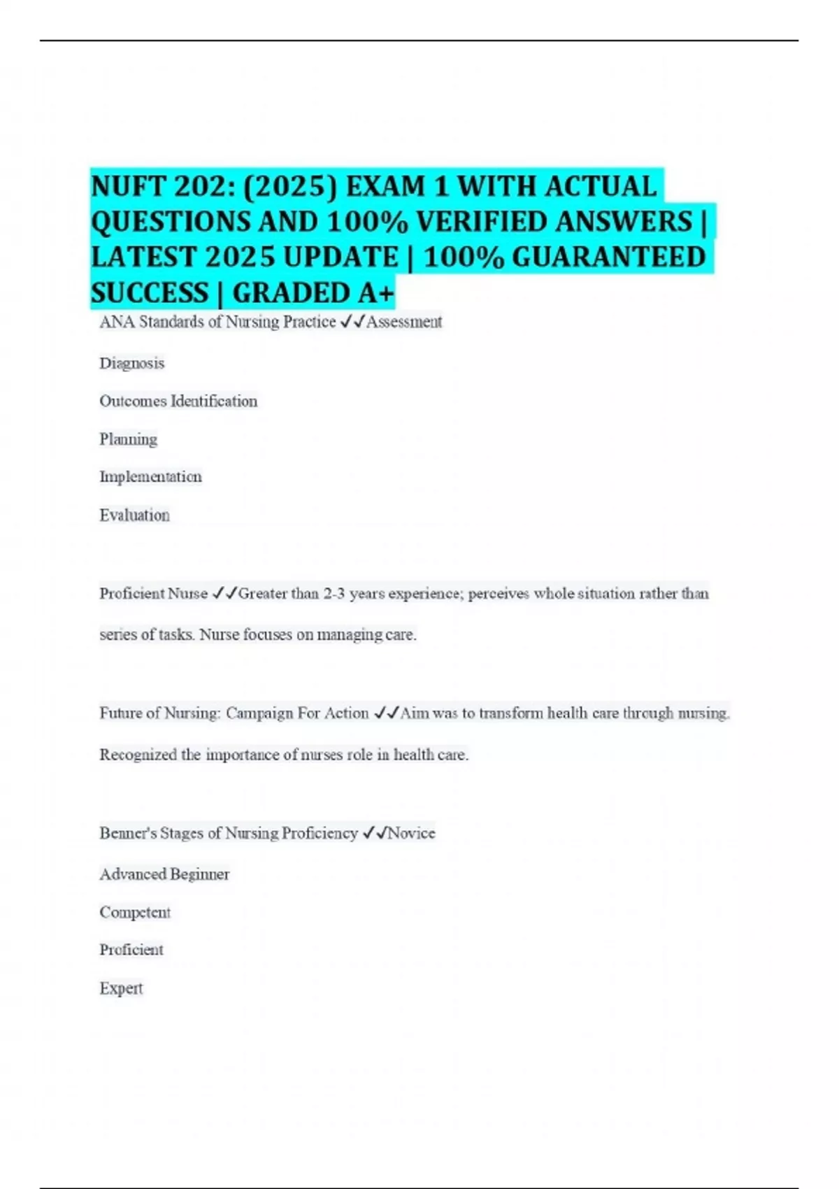 NUFT 202: (2025) EXAM 1 WITH ACTUAL QUESTIONS AND 100% VERIFIED ANSWERS ...