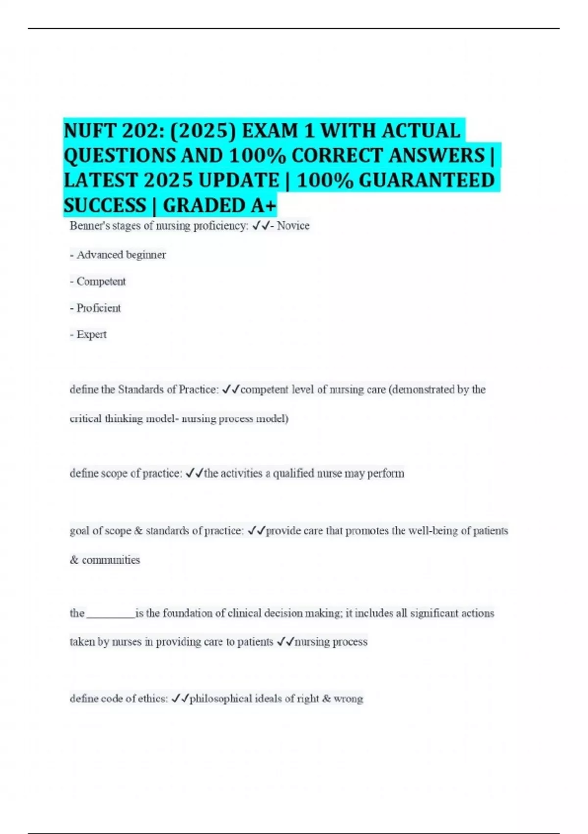 NUFT 202: (2025) EXAM 1 WITH ACTUAL QUESTIONS AND 100% CORRECT ANSWERS ...